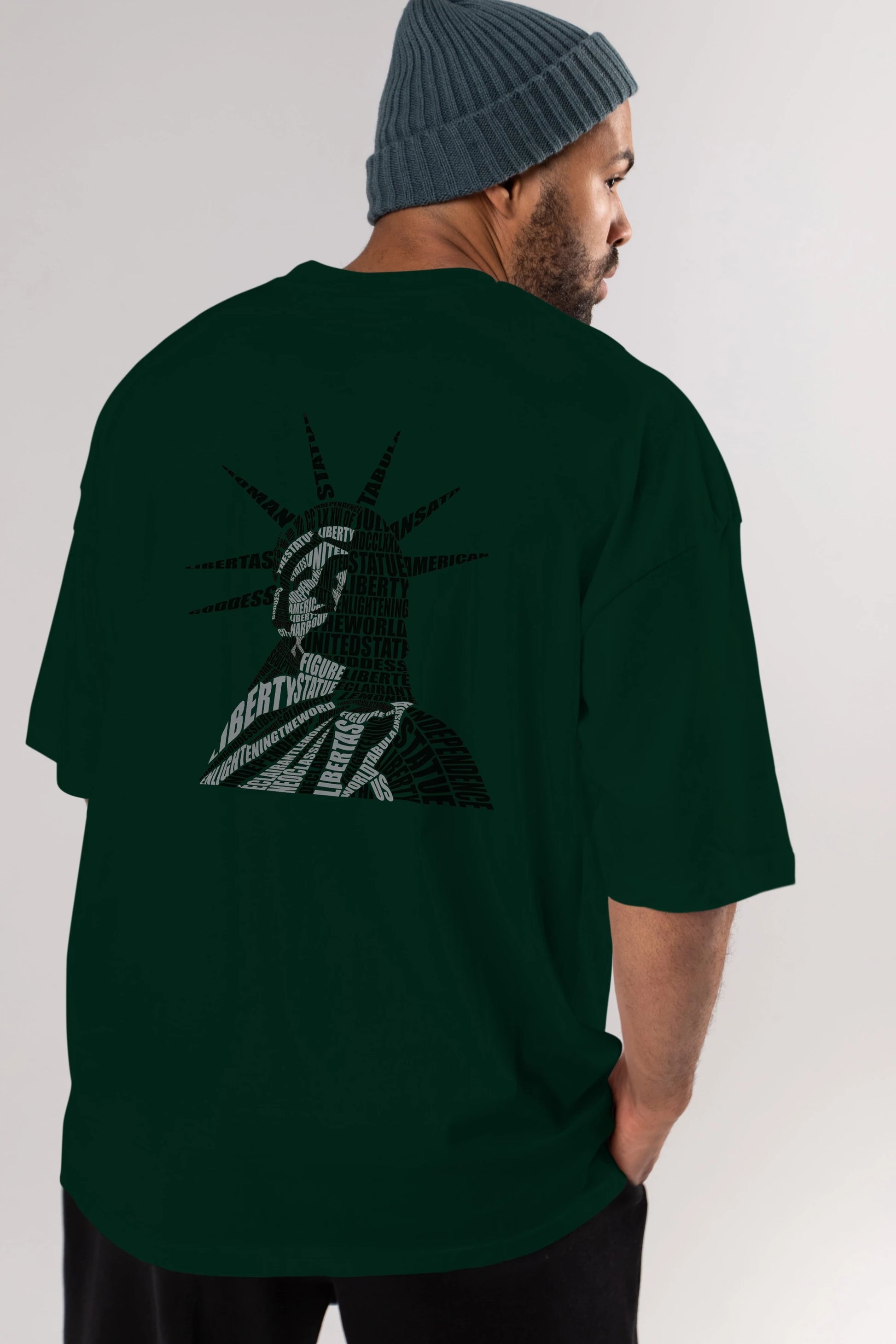 Liberty Statue Calligram Arka Baskılı Oversize t-shirt %100 pamuk Erkek Kadın Unisex