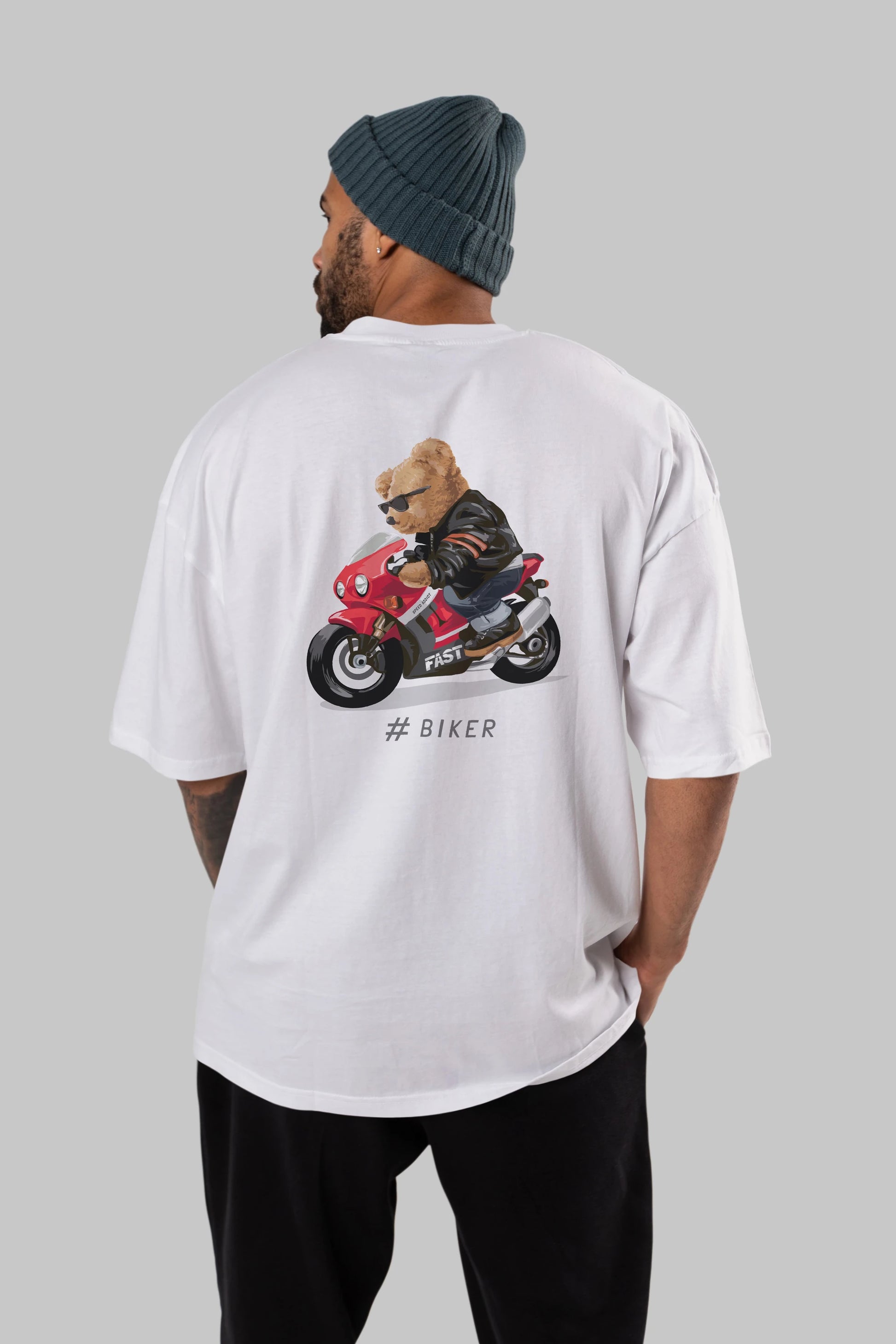 Teddy Bear Biker Arka Baskılı Oversize t-shirt Erkek Kadın Unisex %100 Pamuk