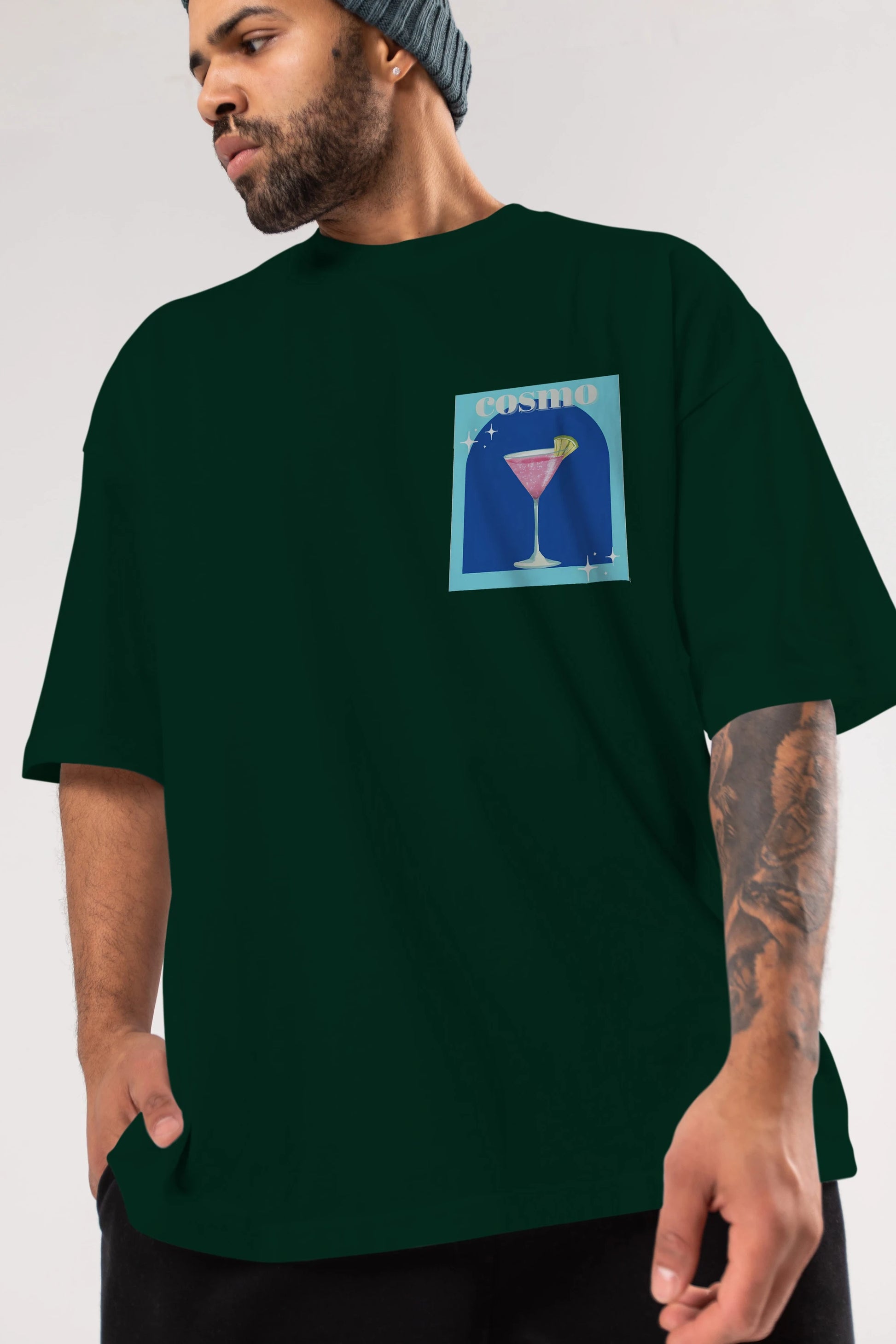 Cosmopolitan 2 Ön Sol Baskılı Oversize t-shirt Erkek Kadın Unisex %100 Pamuk Bisiklet Yaka tişort