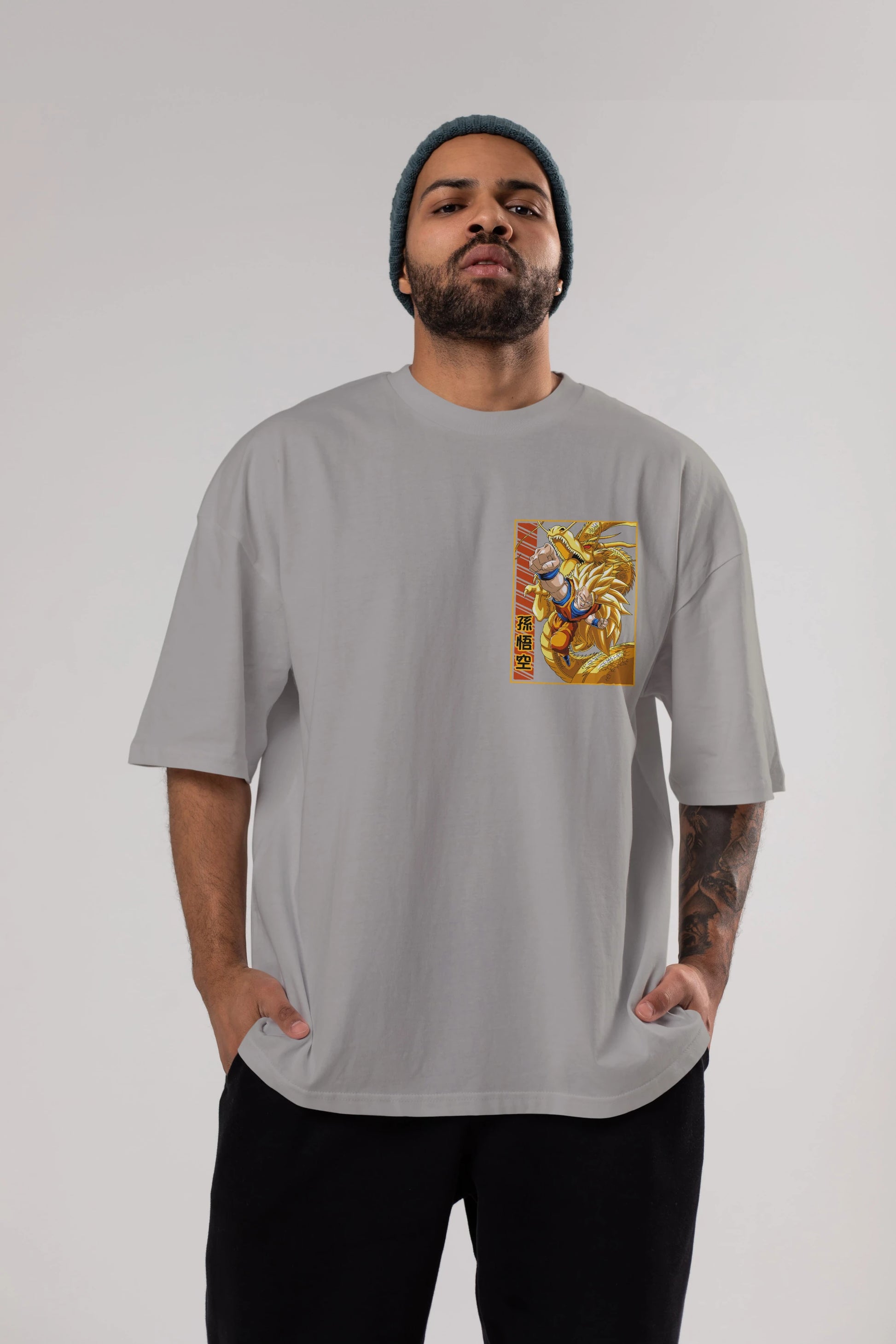 DragonBall Goku Ön Sol Baskılı Oversize t-shirt Erkek Kadın Unisex %100 Pamuk Bisiklet Yaka tişort