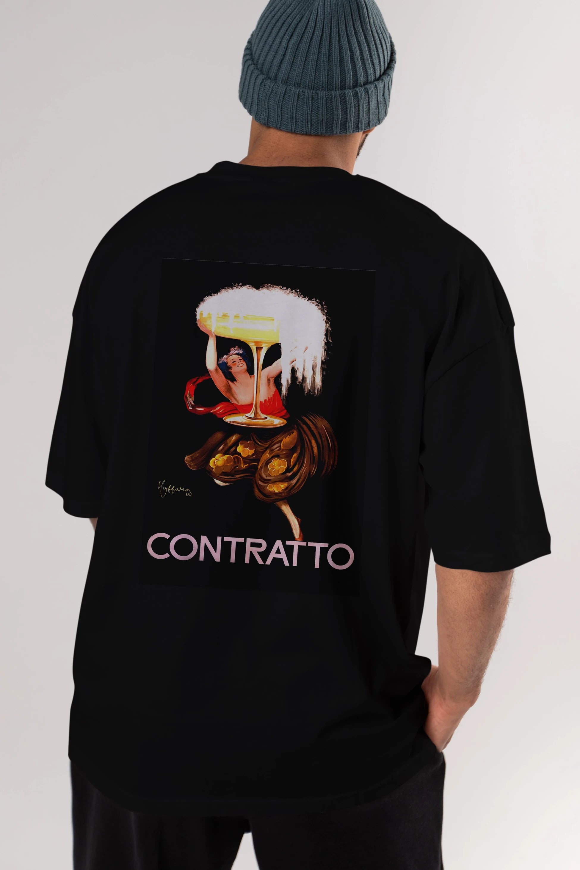 Contratto Arka Baskılı Oversize t-shirt Erkek Kadın Unisex %100 Pamuk Bisiklet Yaka tişort