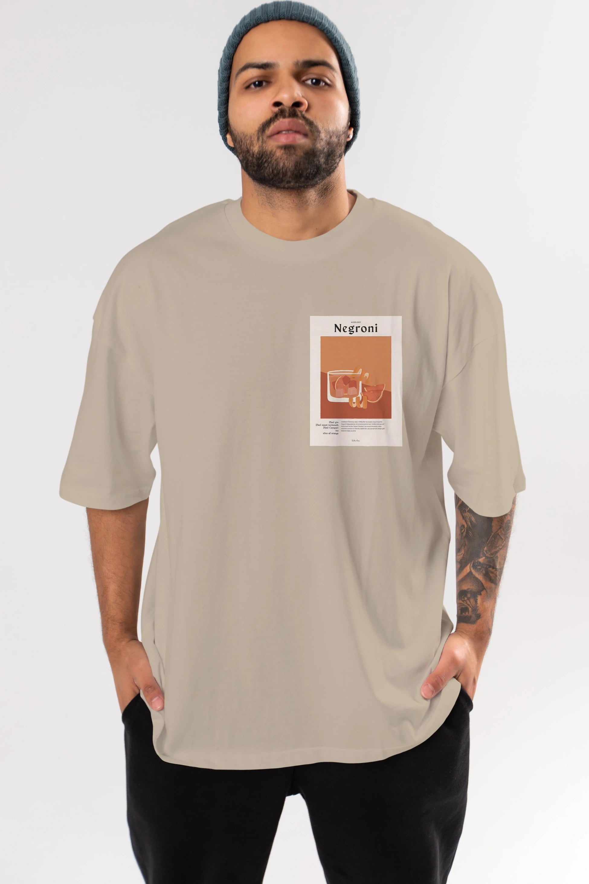 Mixology Negroni Ön Sol Baskılı Oversize t-shirt Erkek Kadın Unisex %100 Pamuk Bisiklet Yaka tişort