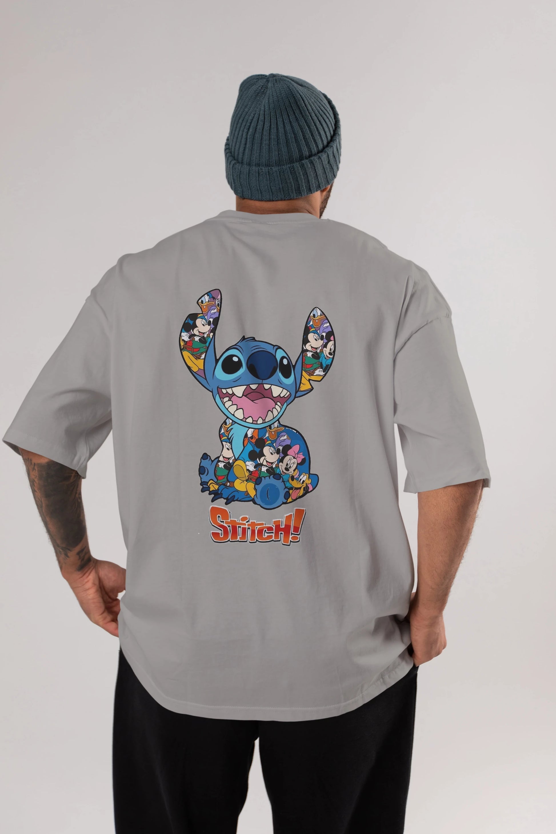 Stitch Arka Baskılı Oversize t-shirt Erkek Kadın Unisex %100 Pamuk Bisiklet Yaka tişort