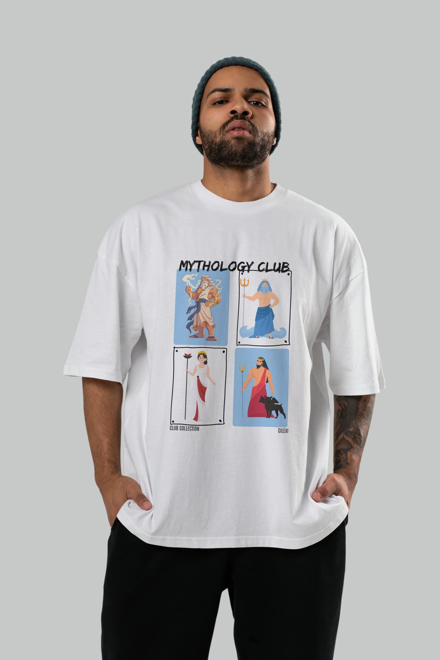 Mythology Club 2 ön Baskılı Oversize t-shirt Erkek Kadın %100 Pamuk Bisiklet Yaka tişort