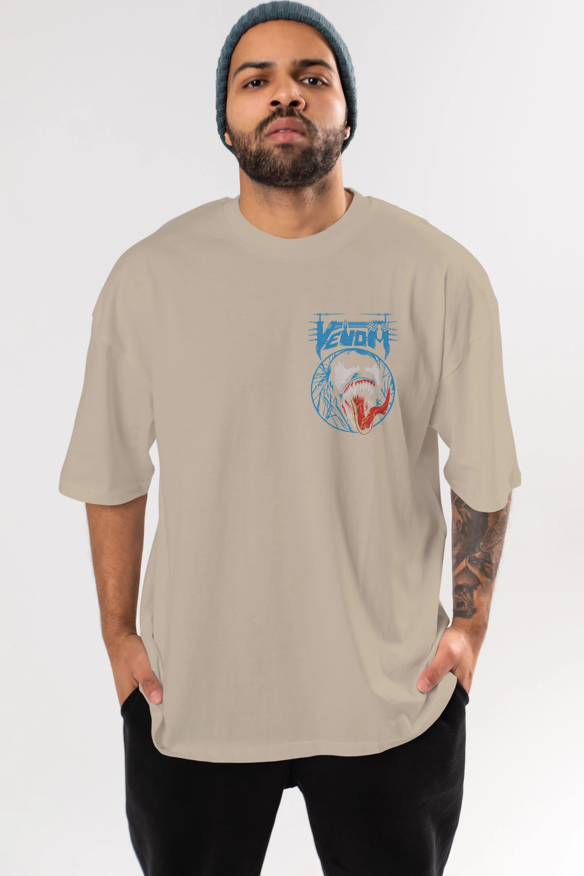 Venom (23) Ön Sol Baskılı Oversize t-shirt Erkek Kadın Unisex %100 Pamuk Bisiklet Yaka tişort