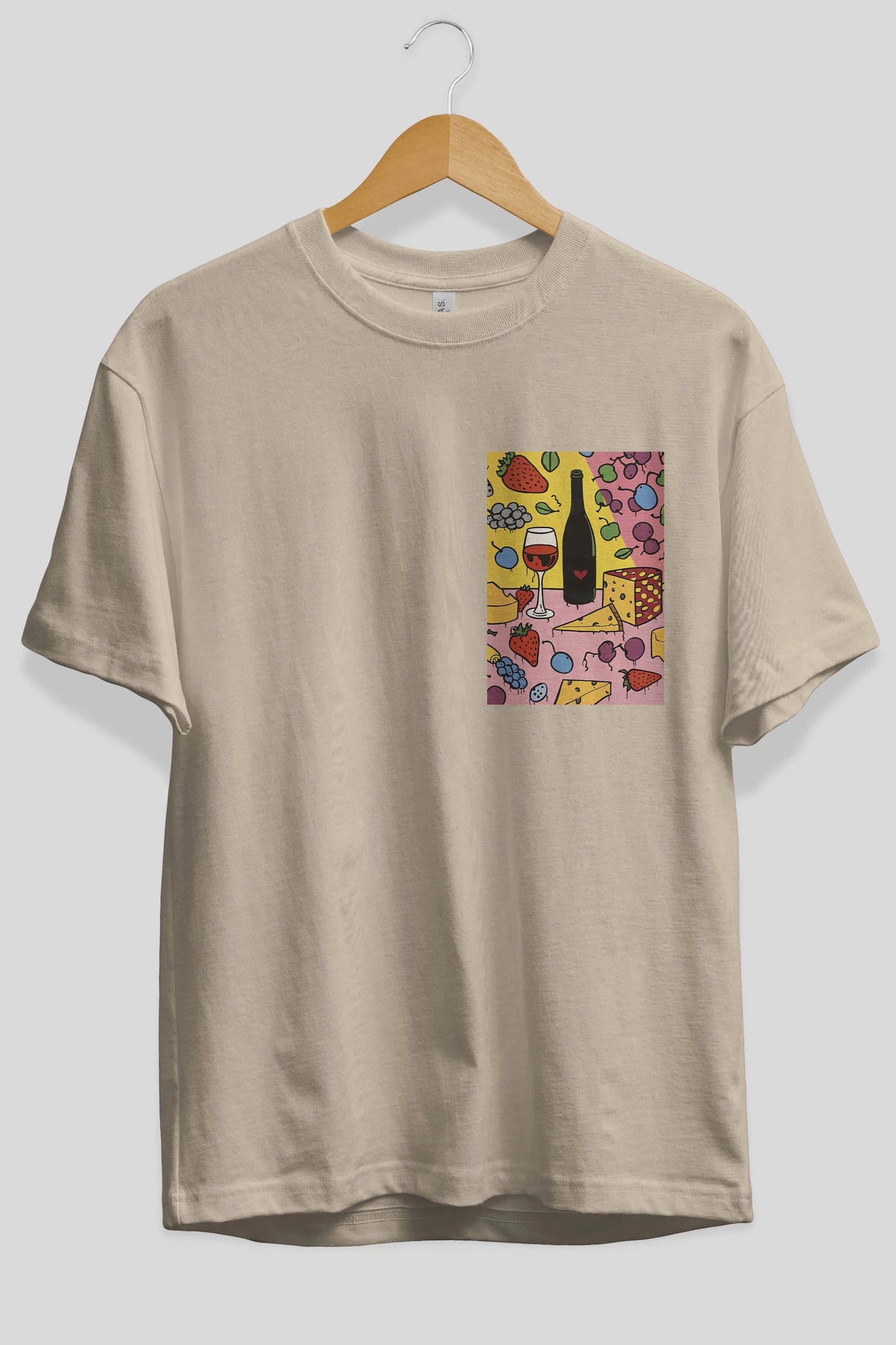 Wine Cheese Fruits Ön Sol Baskılı Oversize t-shirt Erkek Kadın Unisex %100 Pamuk Bisiklet Yaka tişort