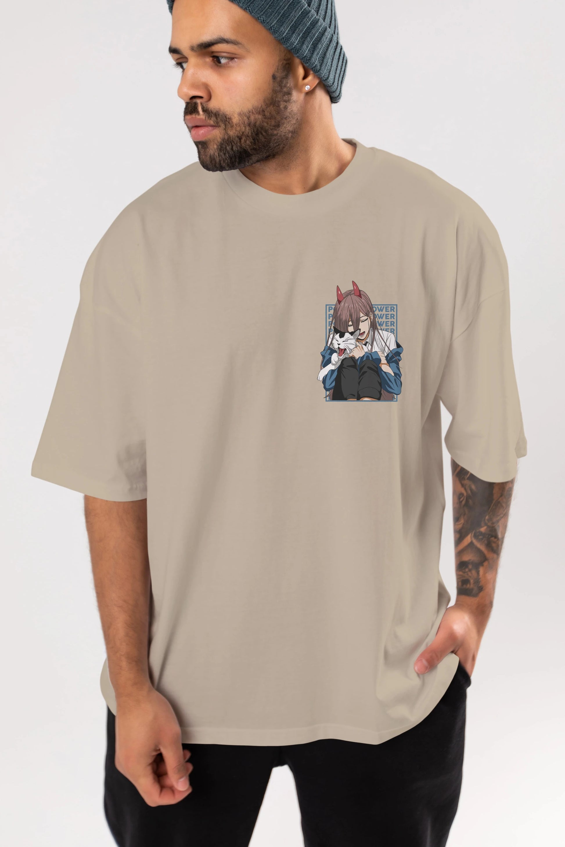 POWER CHAINSAWMAN Ön Sol Baskılı Oversize t-shirt Erkek Kadın Unisex %100 Pamuk Bisiklet Yaka tişort