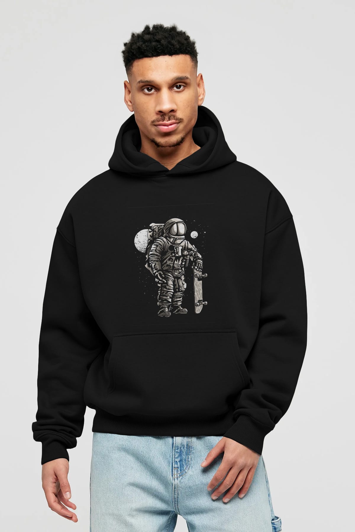 Astronaut Skater Ön Baskılı Hoodie Oversize Kapüşonlu Sweatshirt Erkek Kadın Unisex