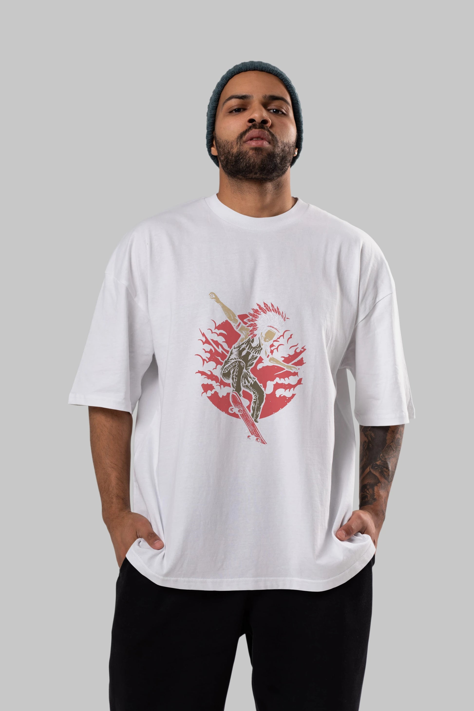 Indian Chief Skateboard Ön Baskılı Oversize t-shirt Erkek Kadın Unisex %100 Pamuk tişort