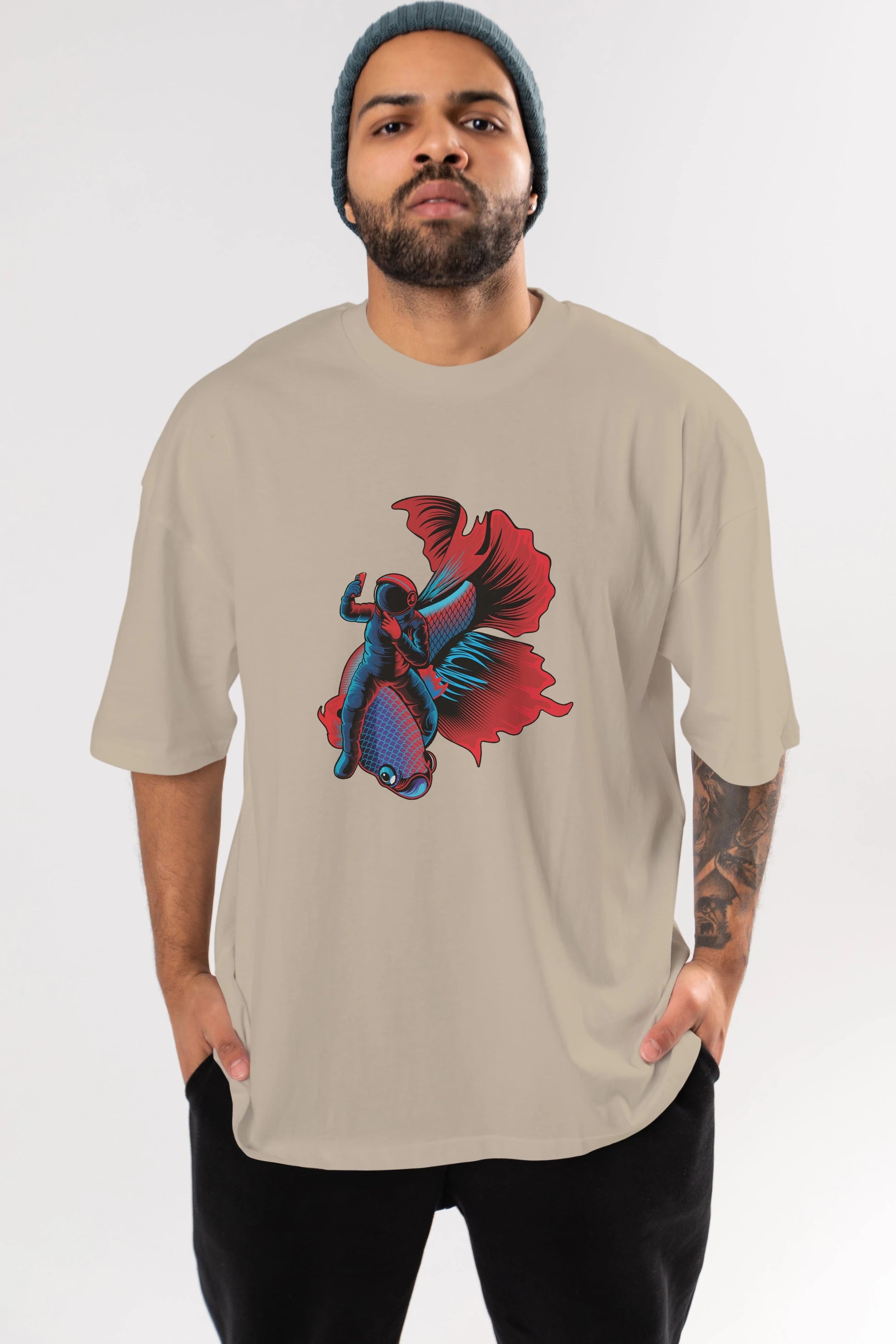 Astrofish selfie Ön Baskılı Oversize t-shirt Erkek Kadın Unisex