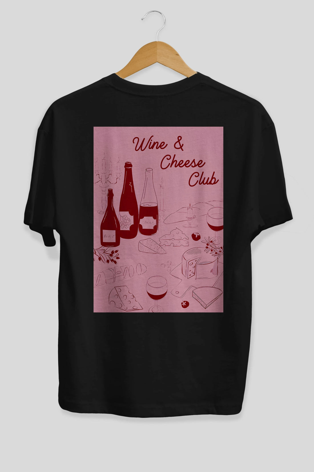 Wine Cheese Club Arka Baskılı Oversize t-shirt Erkek Kadın Unisex %100 Pamuk Bisiklet Yaka tişort