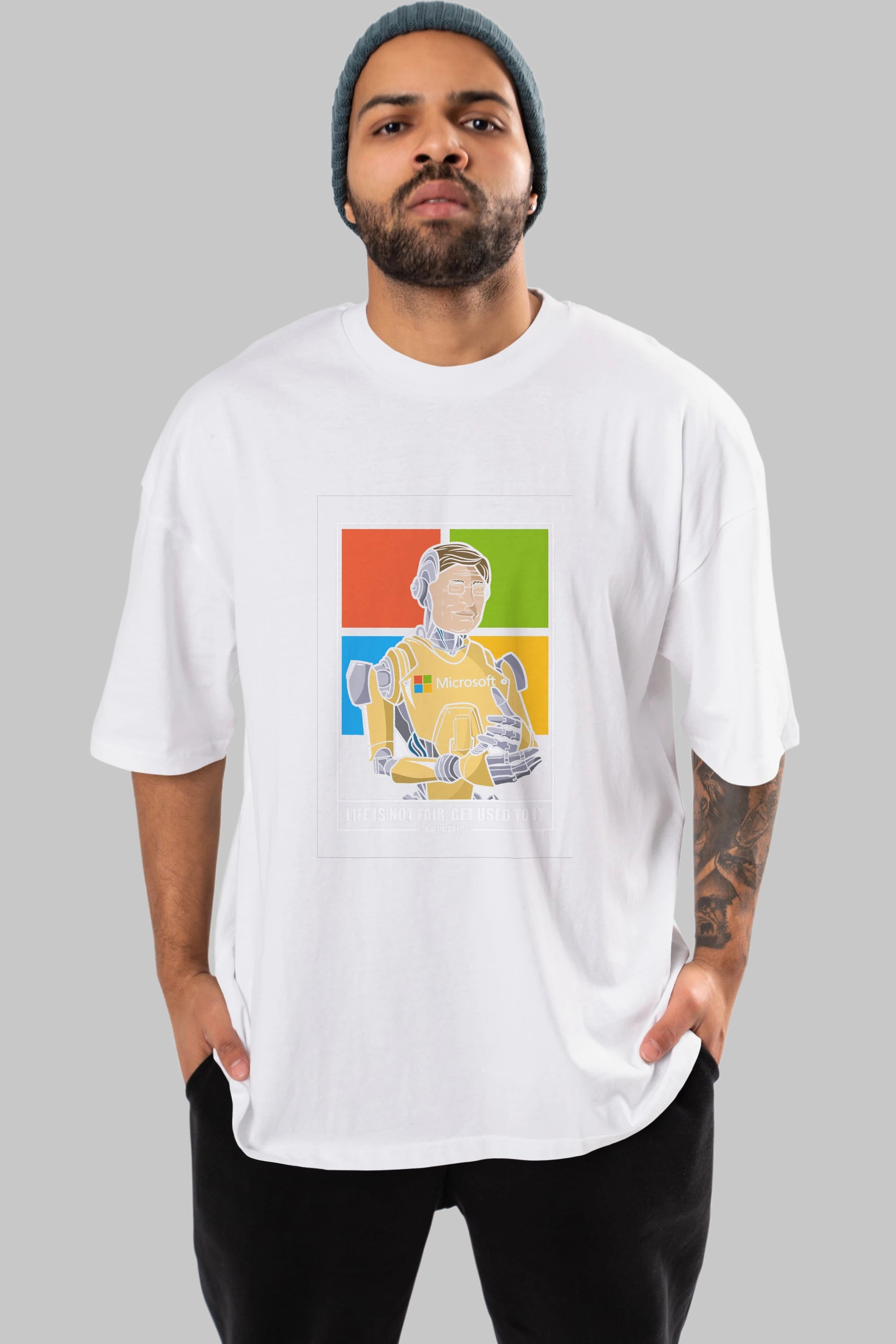 Bill Gates Robot Human Ön Baskılı Oversize t-shirt Erkek Kadın Unisex %100 Pamuk tişort