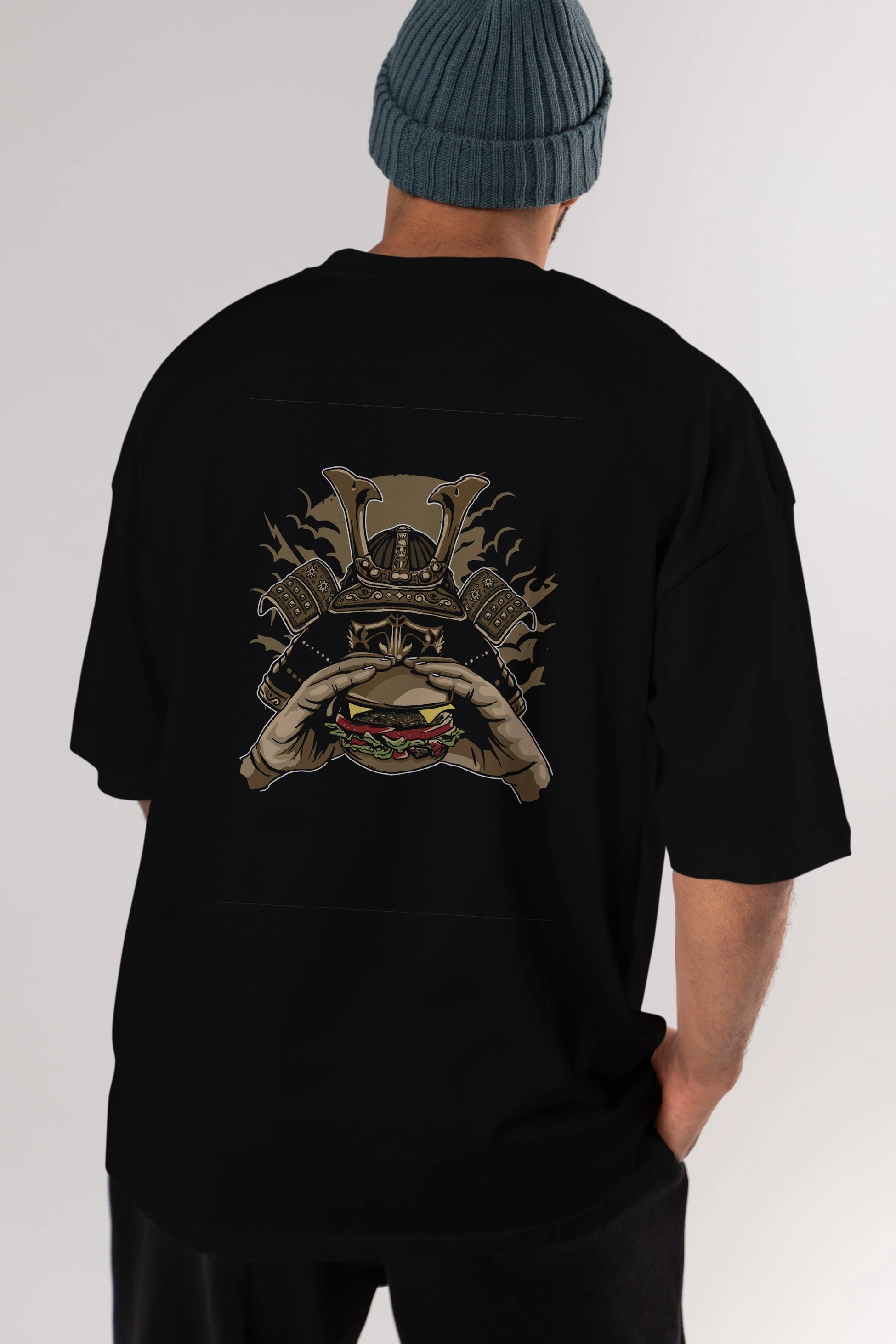 Samurai Burger Arka Baskılı Oversize t-shirt Erkek Kadın Unisex %100 Pamuk