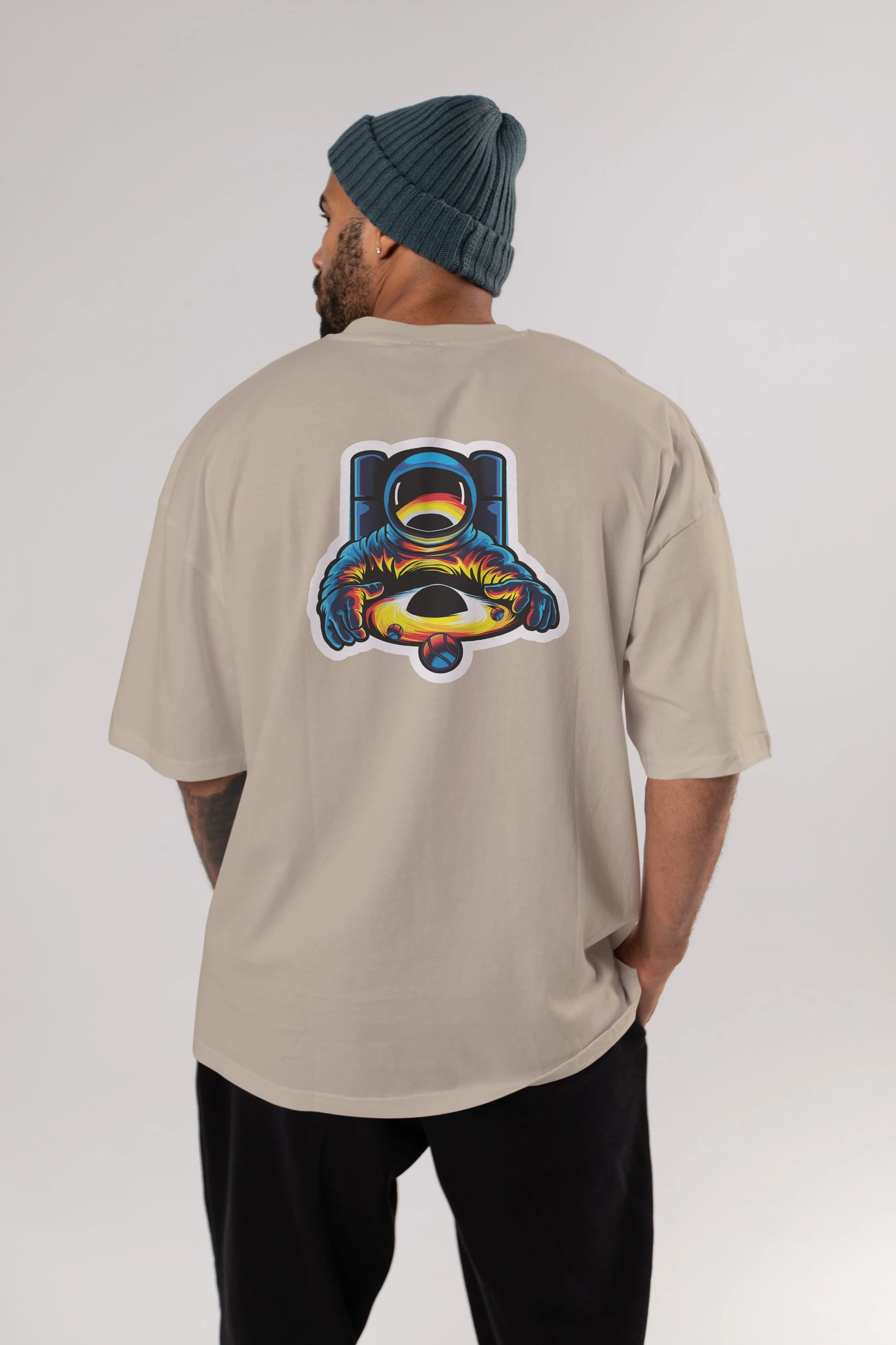 Astronaut & Black Hole Sticker Arka Baskılı Oversize t-shirt Erkek Kadın Unisex