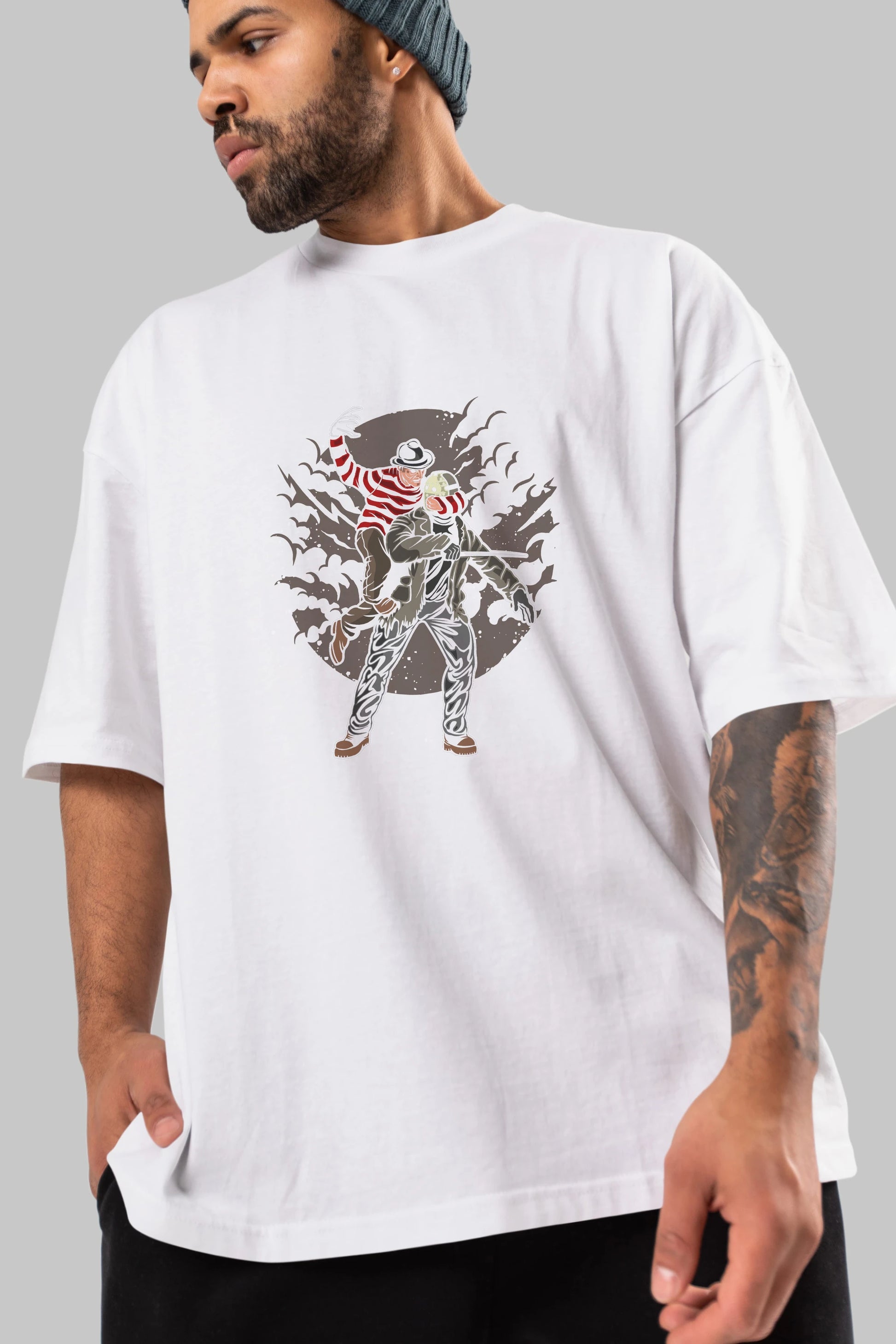 FREDDY VS JASON Ön Baskılı Oversize t-shirt Erkek Kadın Unisex %100 Pamuk tişort