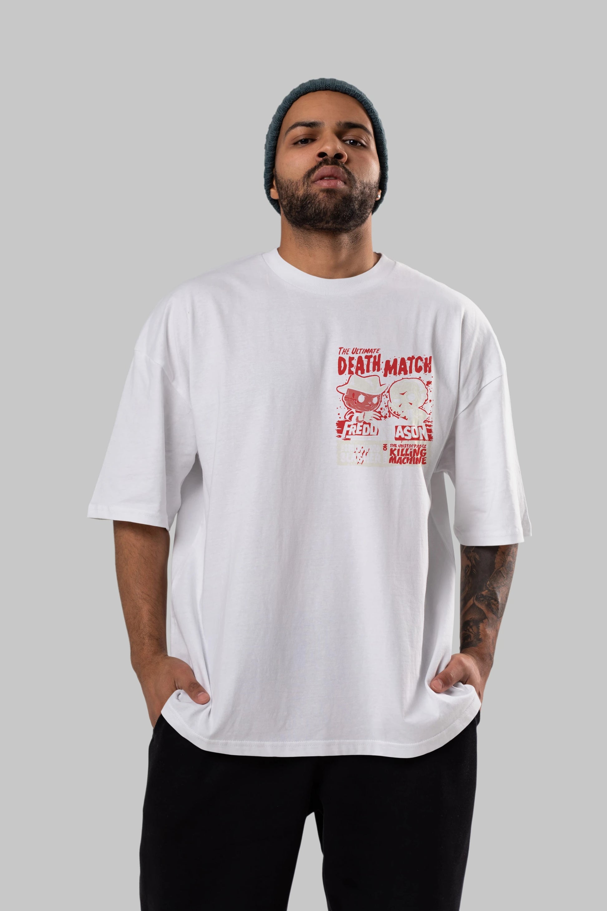Freddy vs Jason Ön Sol Baskılı Oversize t-shirt Erkek Kadın Unisex %100 Pamuk Bisiklet Yaka tişort