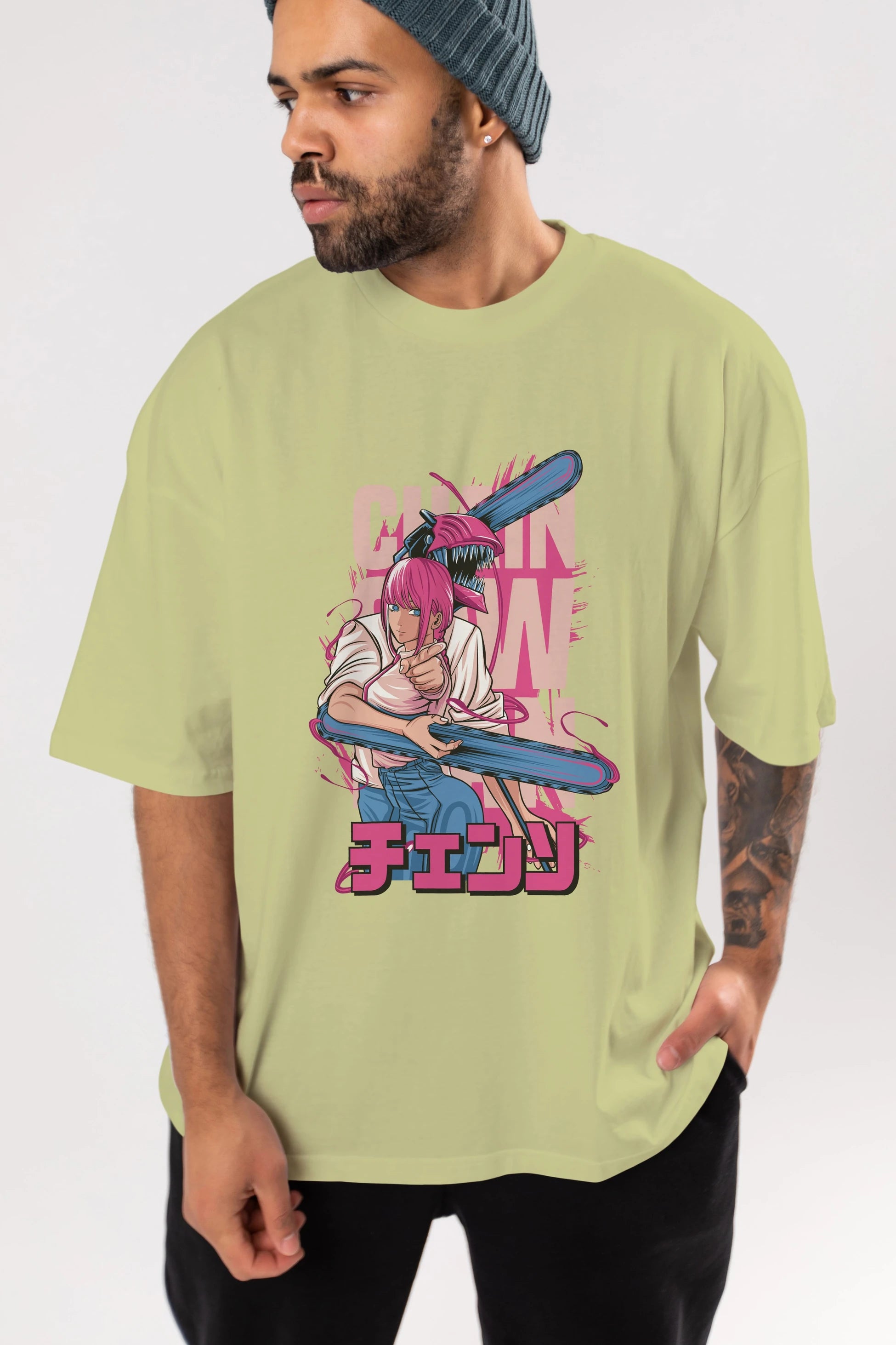DENJI and MAKIMA Anime Ön Baskılı Oversize t-shirt %100 pamuk Erkek Kadın Unisex
