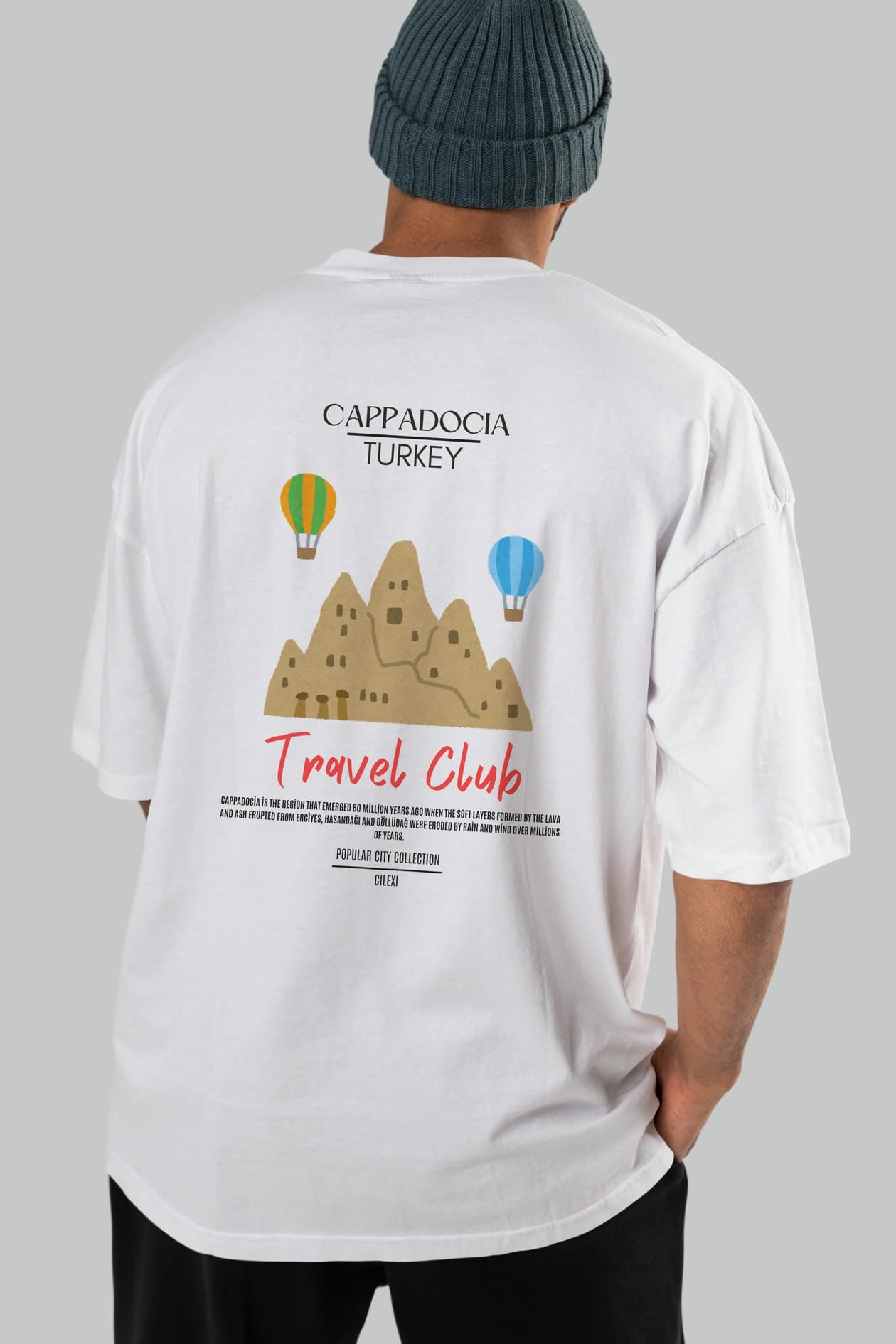 Cappadocia Turkey Arka Baskılı Oversize t-shirt Erkek Kadın Pamuk Bisiklet Yaka tişort
