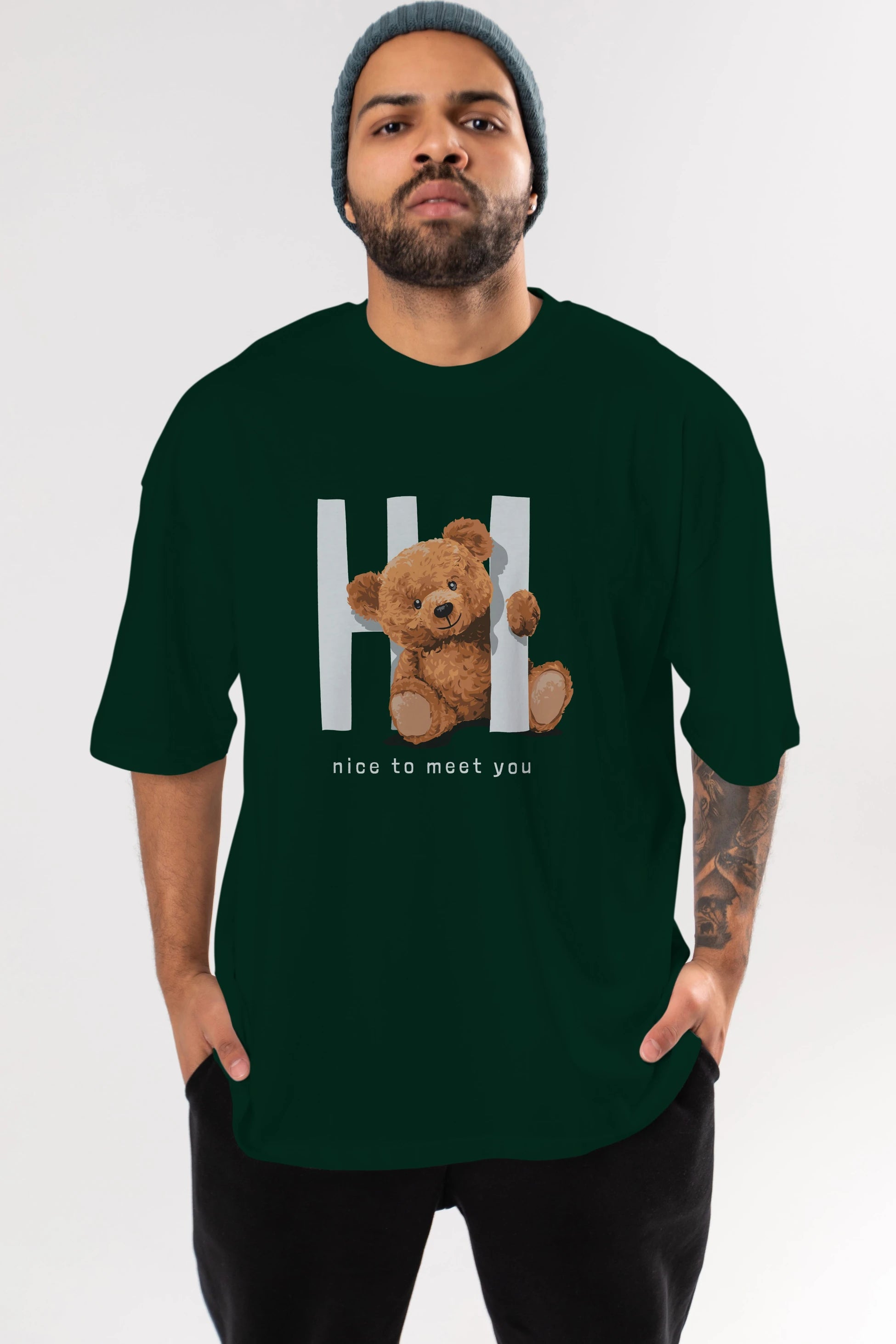 Teddy Bear Hi Nice To Meet You Ön Baskılı Oversize t-shirt Erkek Kadın Unisex %100 Pamuk