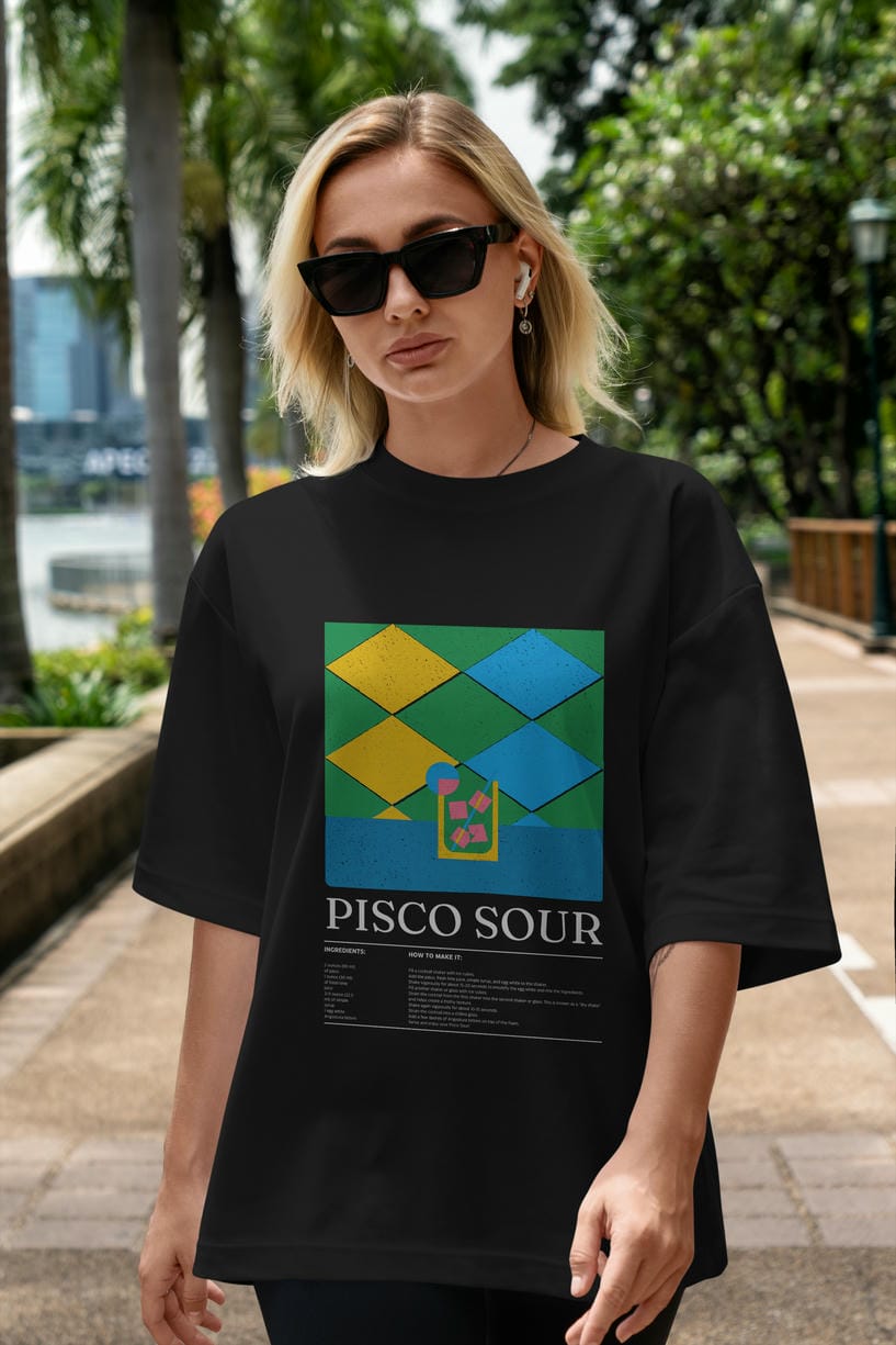 Pisco Sour Kokteyl Ön Baskılı Oversize t-shirt Erkek Kadın %100 Pamuk Bisiklet Yaka tişort