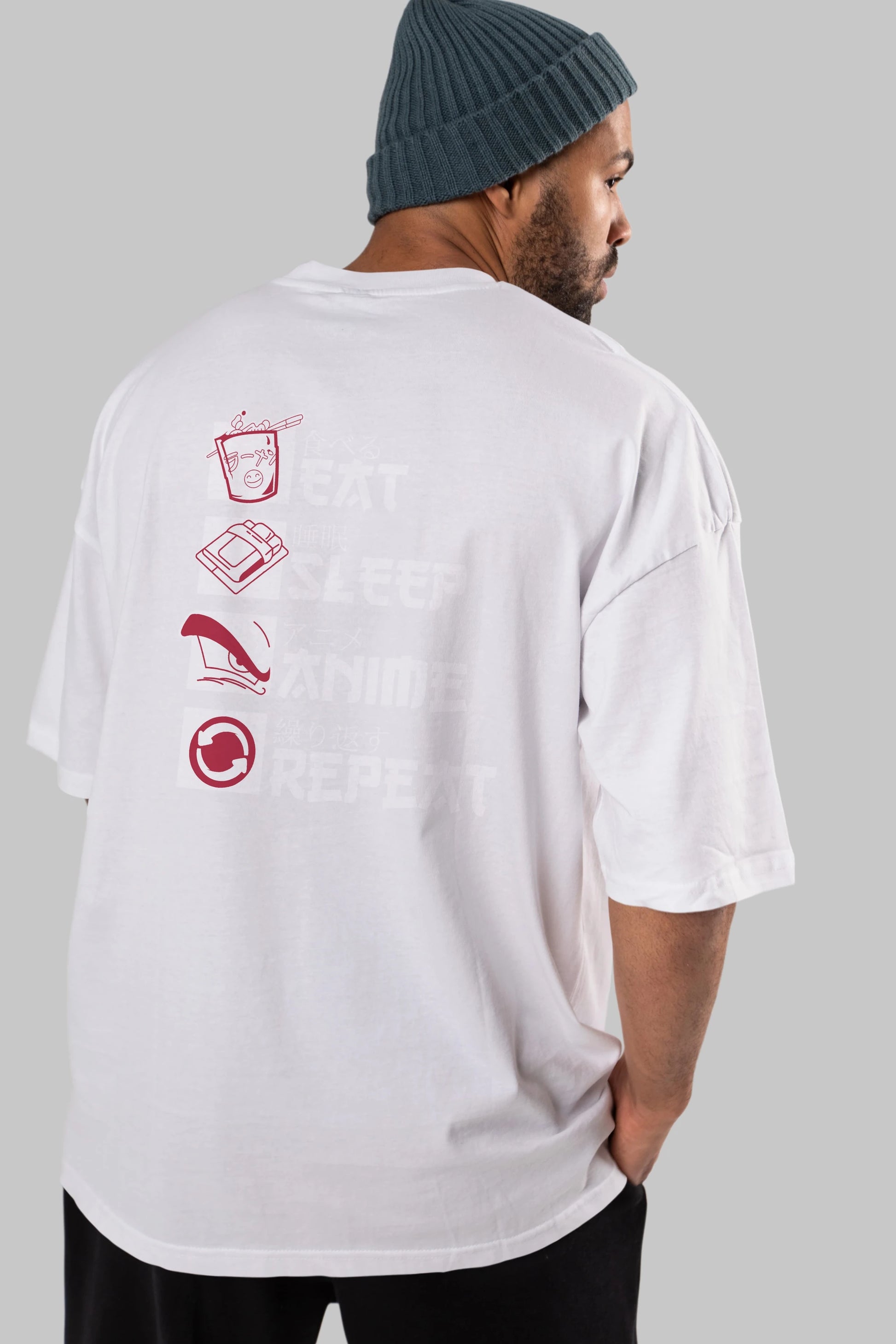 Eat, Sleep, Anime, Repeat Anime Arka Baskılı Oversize t-shirt Erkek Kadın Unisex