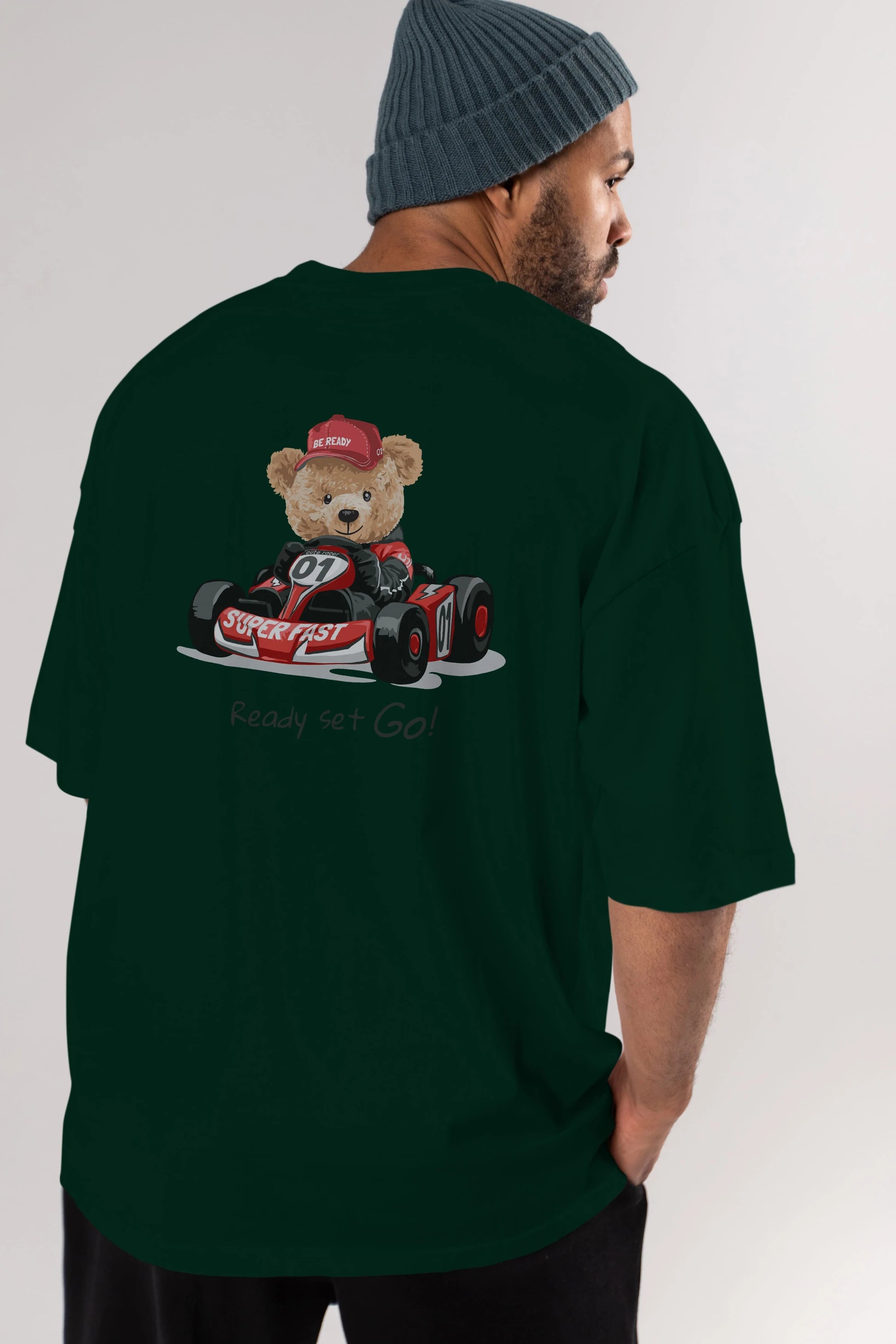 Teddy Bear Ready Set Go Arka Baskılı Oversize t-shirt Erkek Kadın Unisex %100 Pamuk