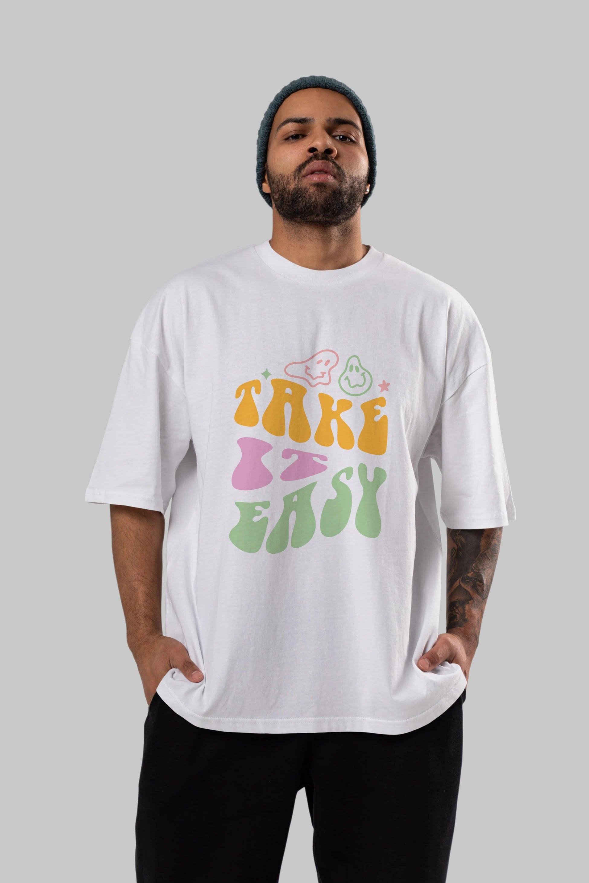 Take it Easy Yazılı Ön Baskılı Oversize t-shirt Erkek Kadın Unisex