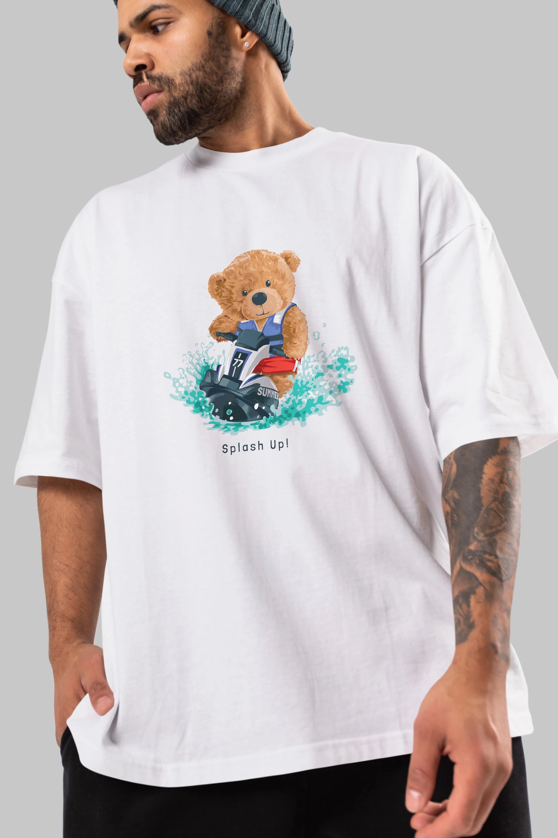 Teddy Bear Splash Up Ön Baskılı Oversize t-shirt Erkek Kadın Unisex %100 Pamuk