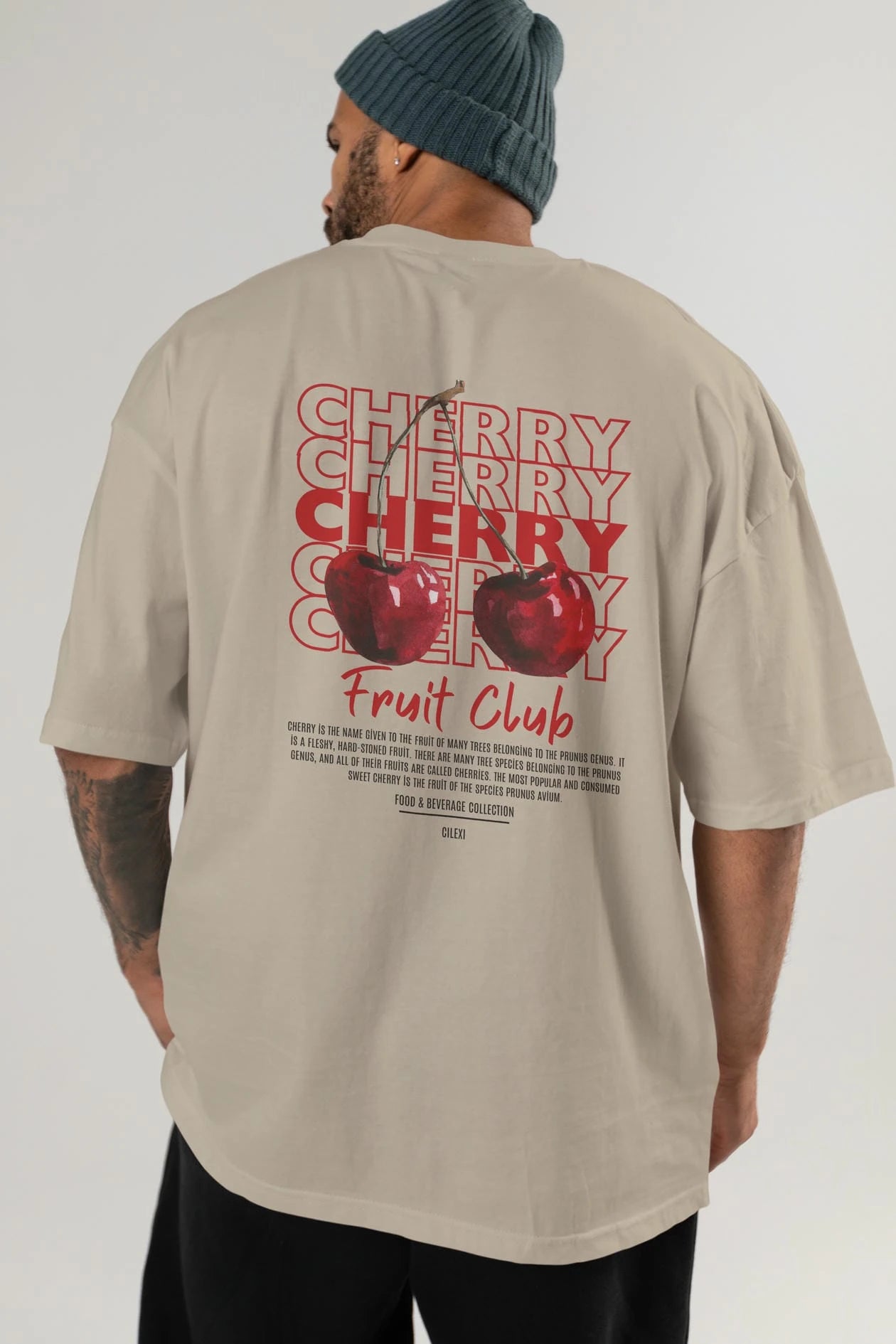 Cherry Arka Baskılı Oversize t-shirt Erkek Kadın Pamuk Bisiklet Yaka tişort
