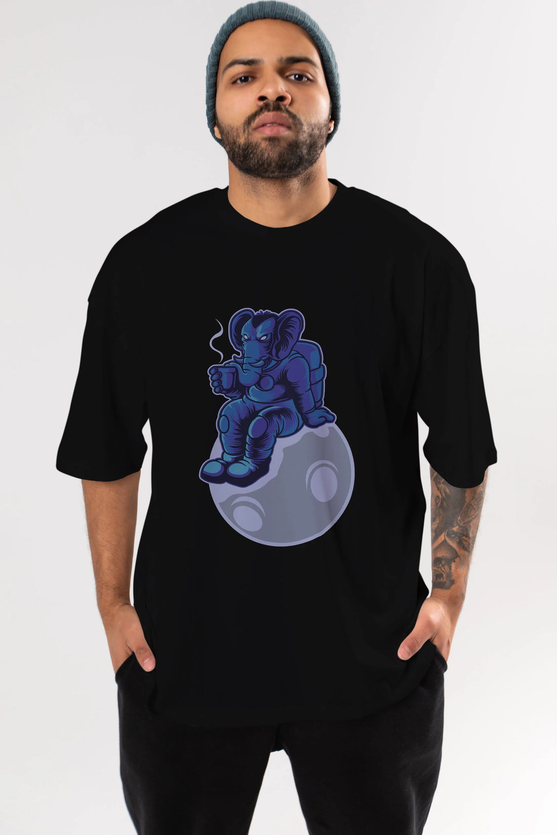 Space Elephant Drink Coffee Ön Baskılı Oversize t-shirt Erkek Kadın Unisex