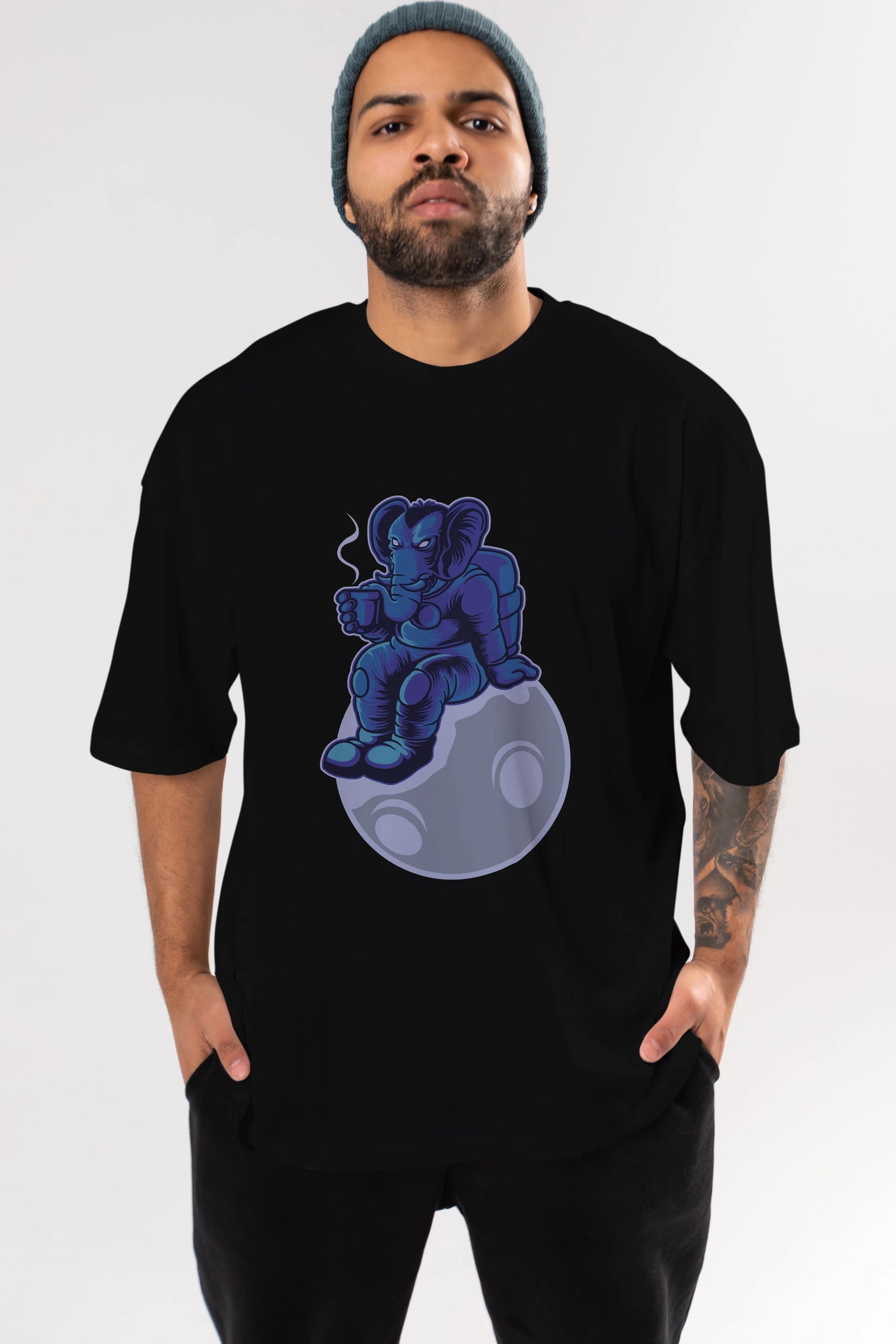Space Elephant Drink Coffee Ön Baskılı Oversize t-shirt Erkek Kadın Unisex