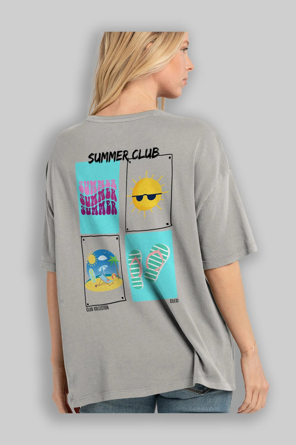 Summer Club Arka Baskılı Oversize t-shirt Erkek Kadın %100 Pamuk Bisiklet Yaka tişort