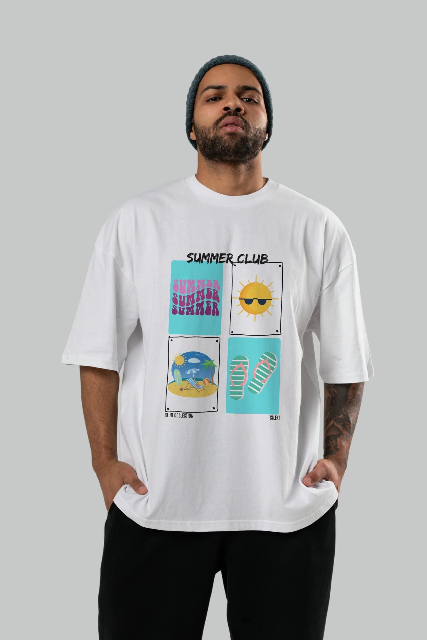 Summer Club ön Baskılı Oversize t-shirt Erkek Kadın %100 Pamuk Bisiklet Yaka tişort