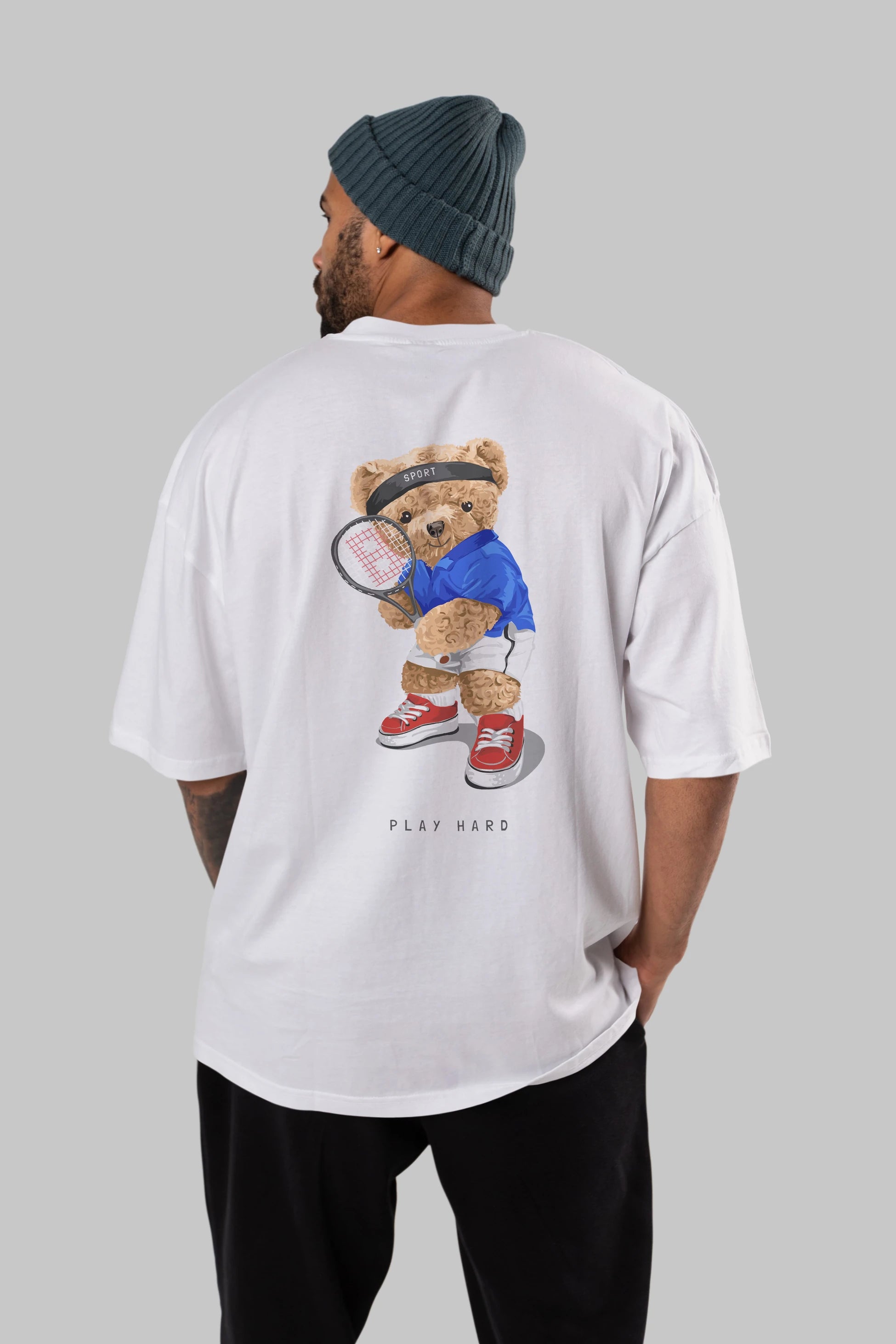 Teddy Bear Play Hard Arka Baskılı Oversize t-shirt Erkek Kadın Unisex %100 Pamuk