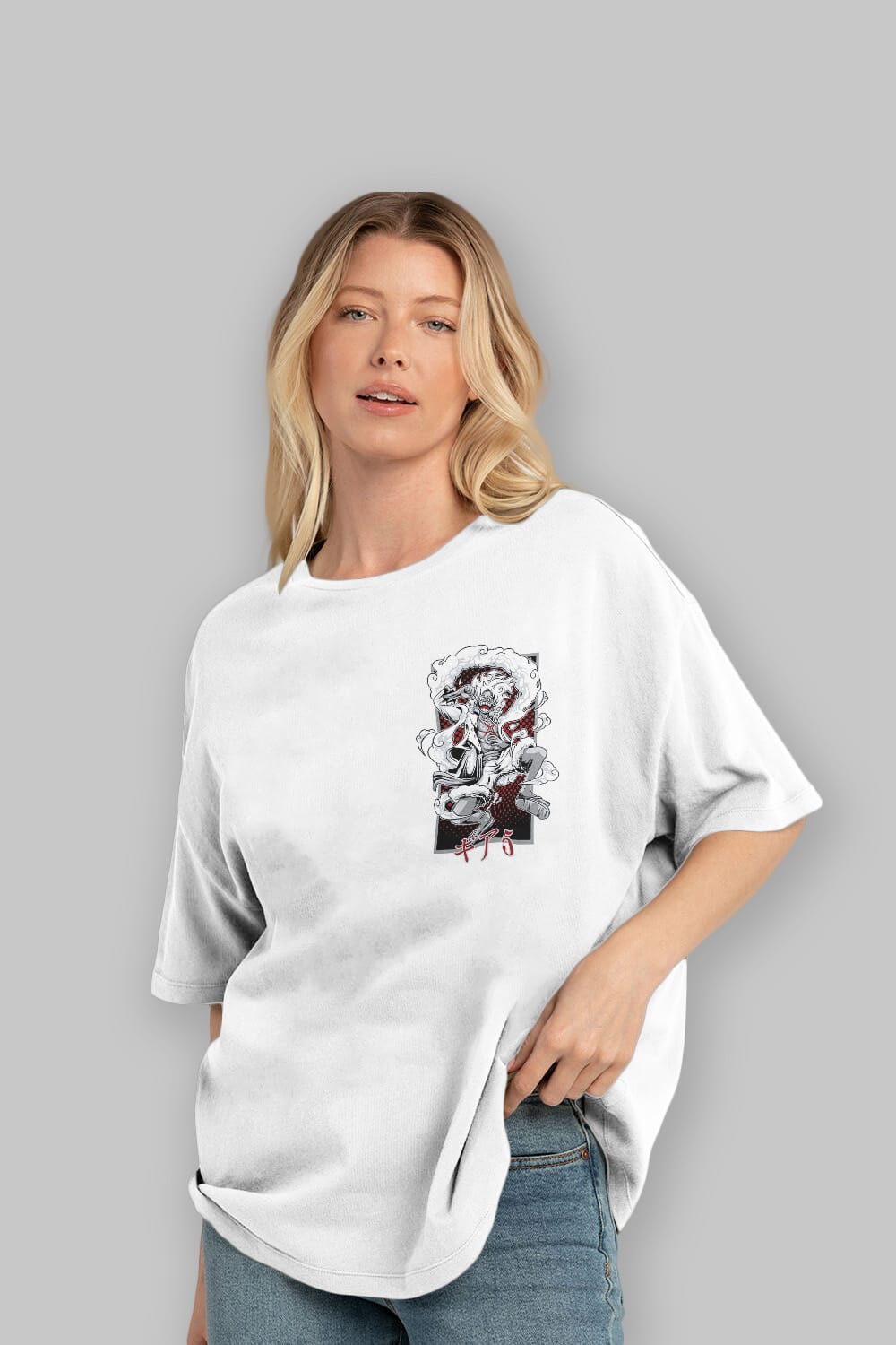 LUFFY GEAR 5 Ön Sol Baskılı Oversize t-shirt Erkek Kadın Unisex %100 Pamuk Bisiklet Yaka tişort