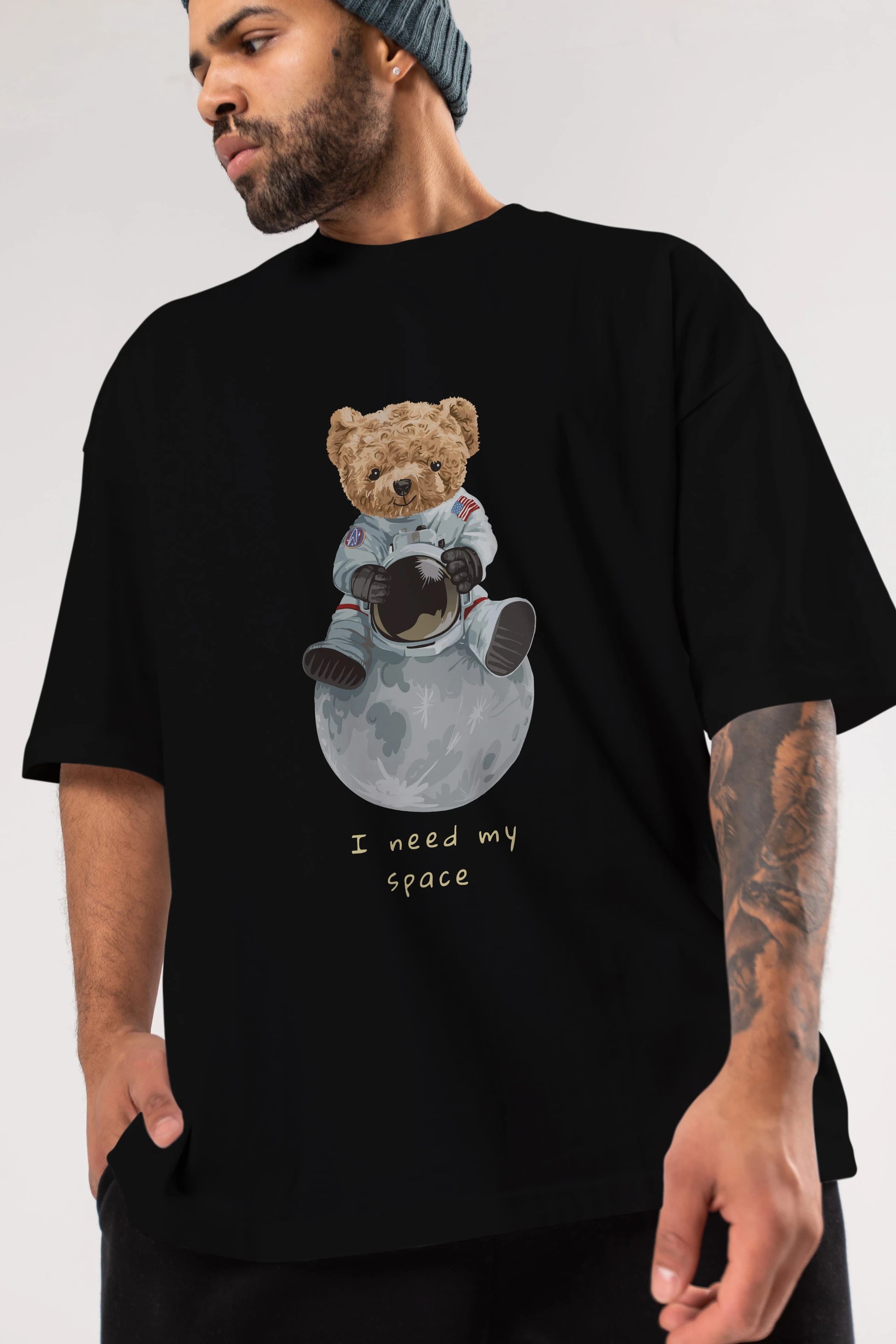 Teddy Bear I Need My Space Ön Baskılı Oversize t-shirt Erkek Kadın Unisex %100 Pamuk