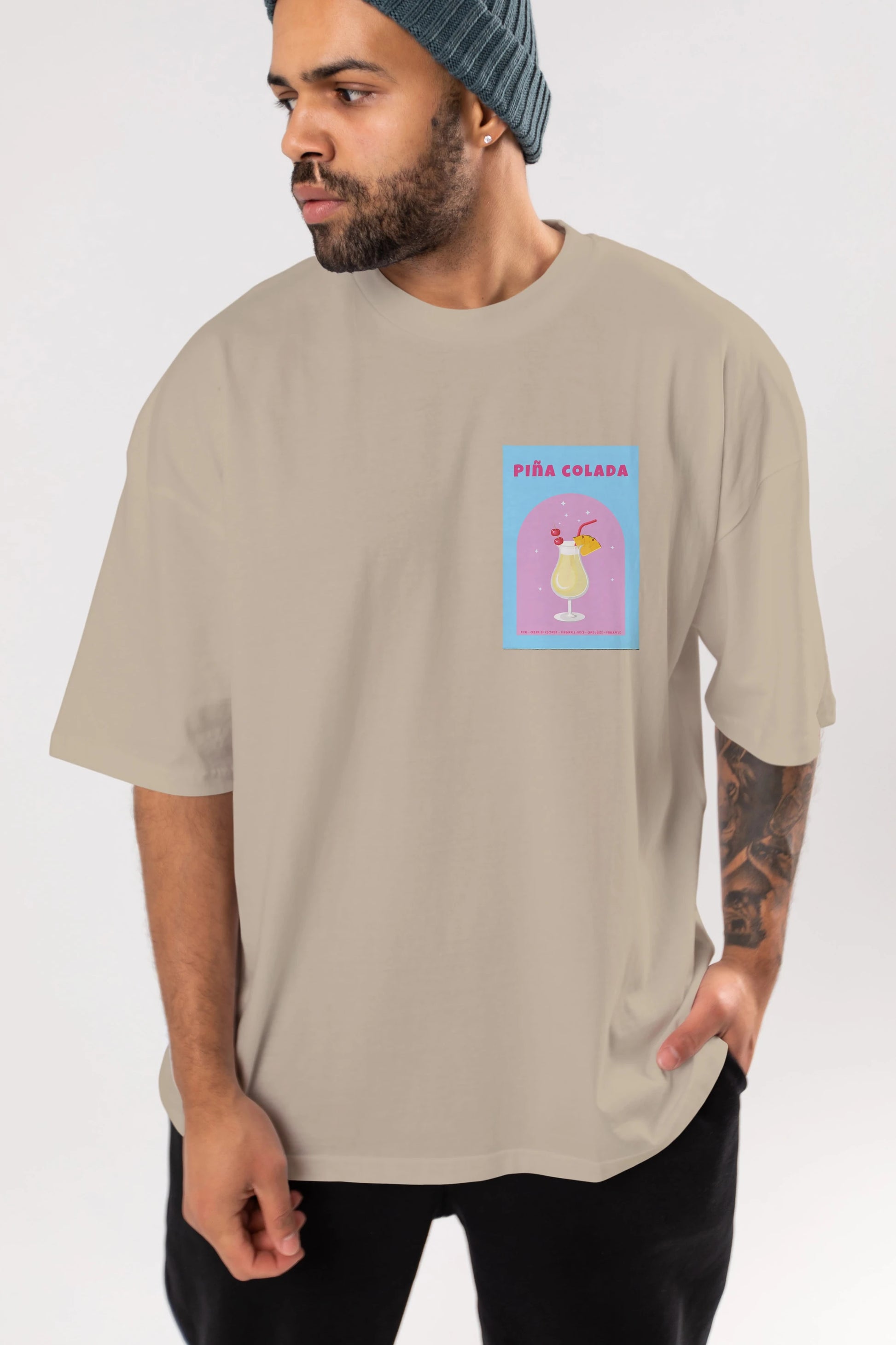 Pina Colada 2 Ön Sol Baskılı Oversize t-shirt Erkek Kadın Unisex %100 Pamuk Bisiklet Yaka tişort
