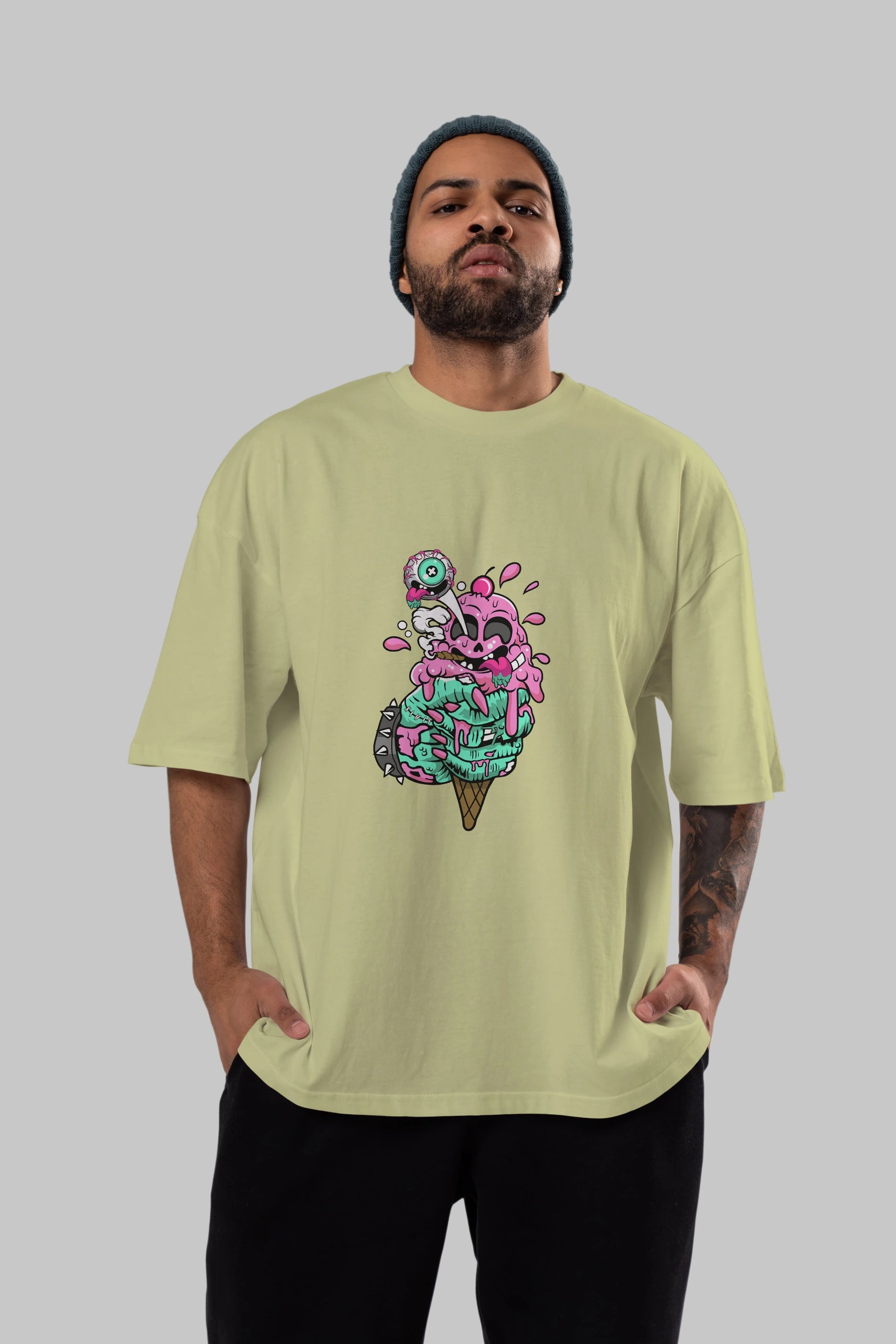 Ice Cream Zombie Ön Baskılı Oversize t-shirt Erkek Kadın Unisex %100 Pamuk tişort