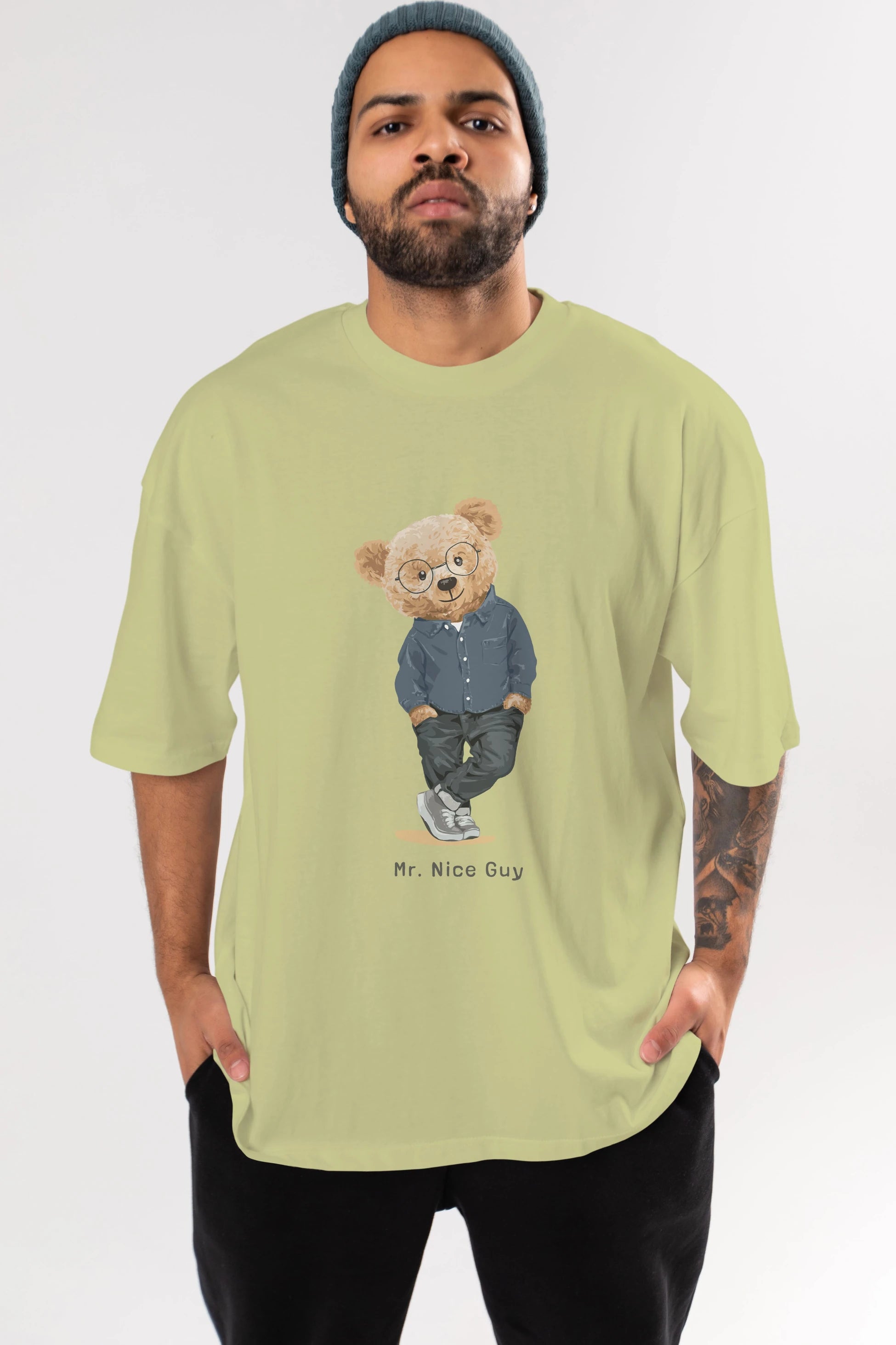 Teddy Bear Mr. Nice Guy Ön Baskılı Oversize t-shirt Erkek Kadın Unisex %100 Pamuk