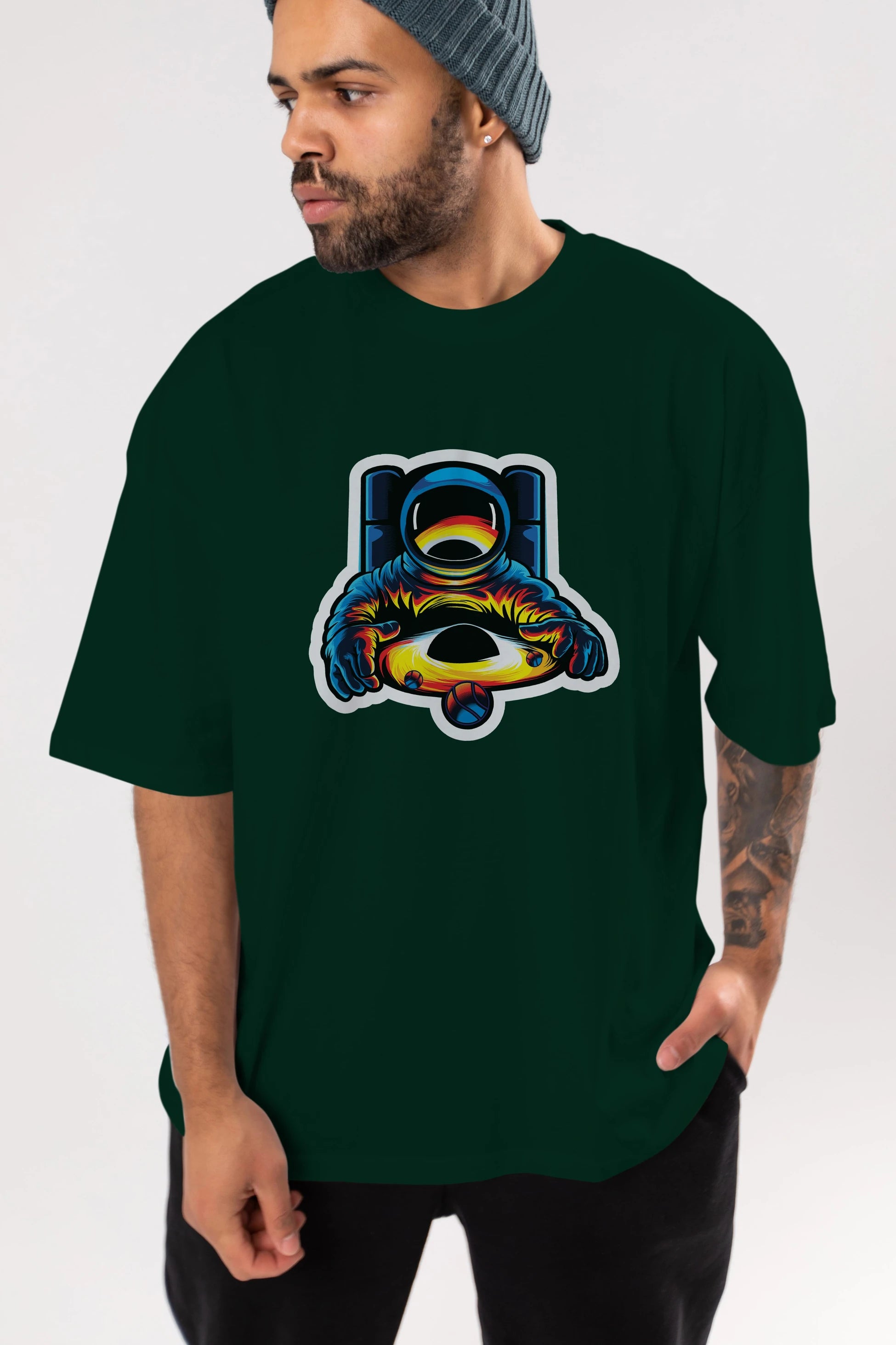 Astronaut & Black Hole Sticker Ön Baskılı Oversize t-shirt Erkek Kadın Unisex