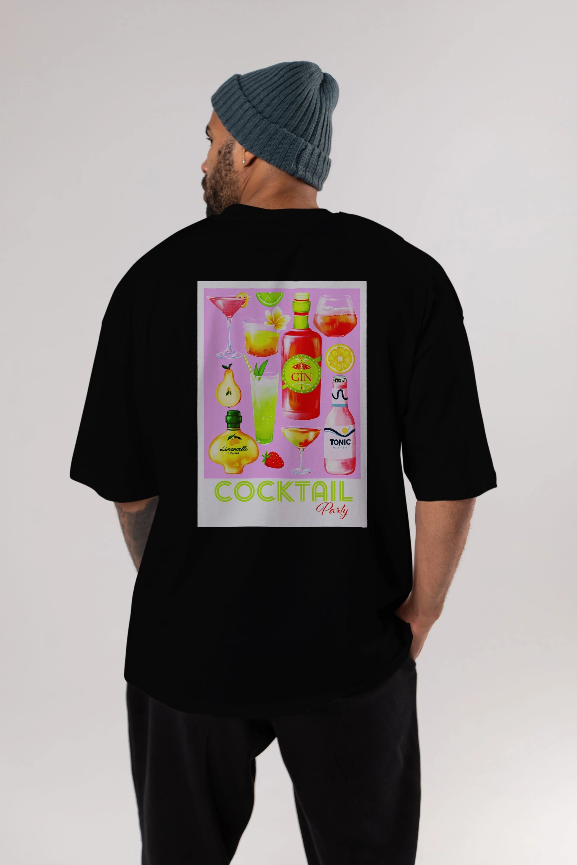 Cocktail Party Arka Baskılı Oversize t-shirt Erkek Kadın Unisex %100 Pamuk Bisiklet Yaka tişort