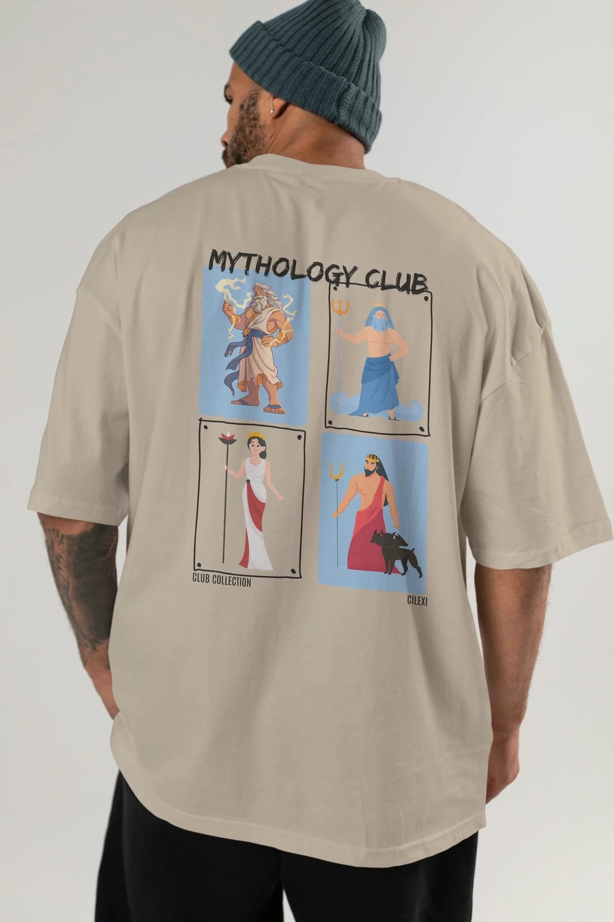 Mythology Club 2 Arka Baskılı Oversize t-shirt Erkek Kadın %100 Pamuk Bisiklet Yaka tişort