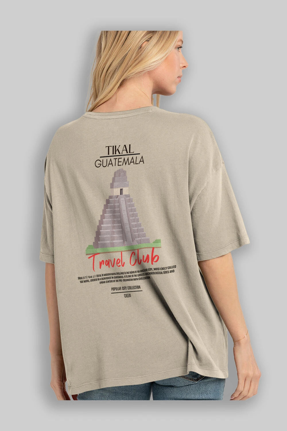 Tikal Guatemala Arka Baskılı Oversize t-shirt Erkek Kadın Pamuk Bisiklet Yaka tişort