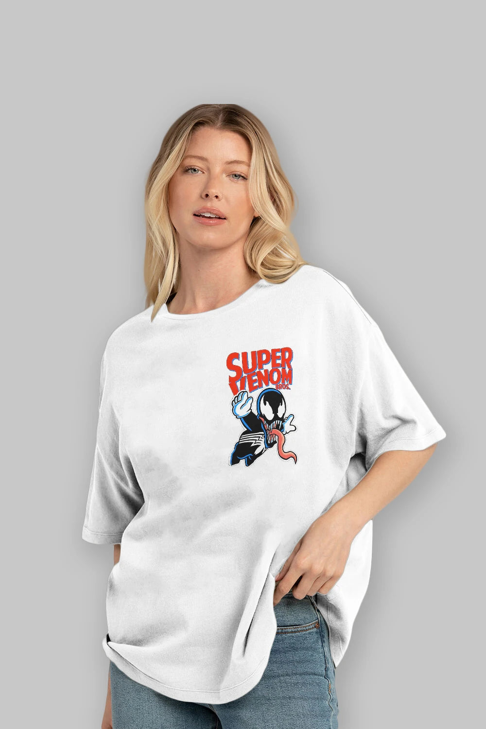 Super Venom Ön Sol Baskılı Oversize t-shirt Erkek Kadın Unisex %100 Pamuk Bisiklet Yaka tişort