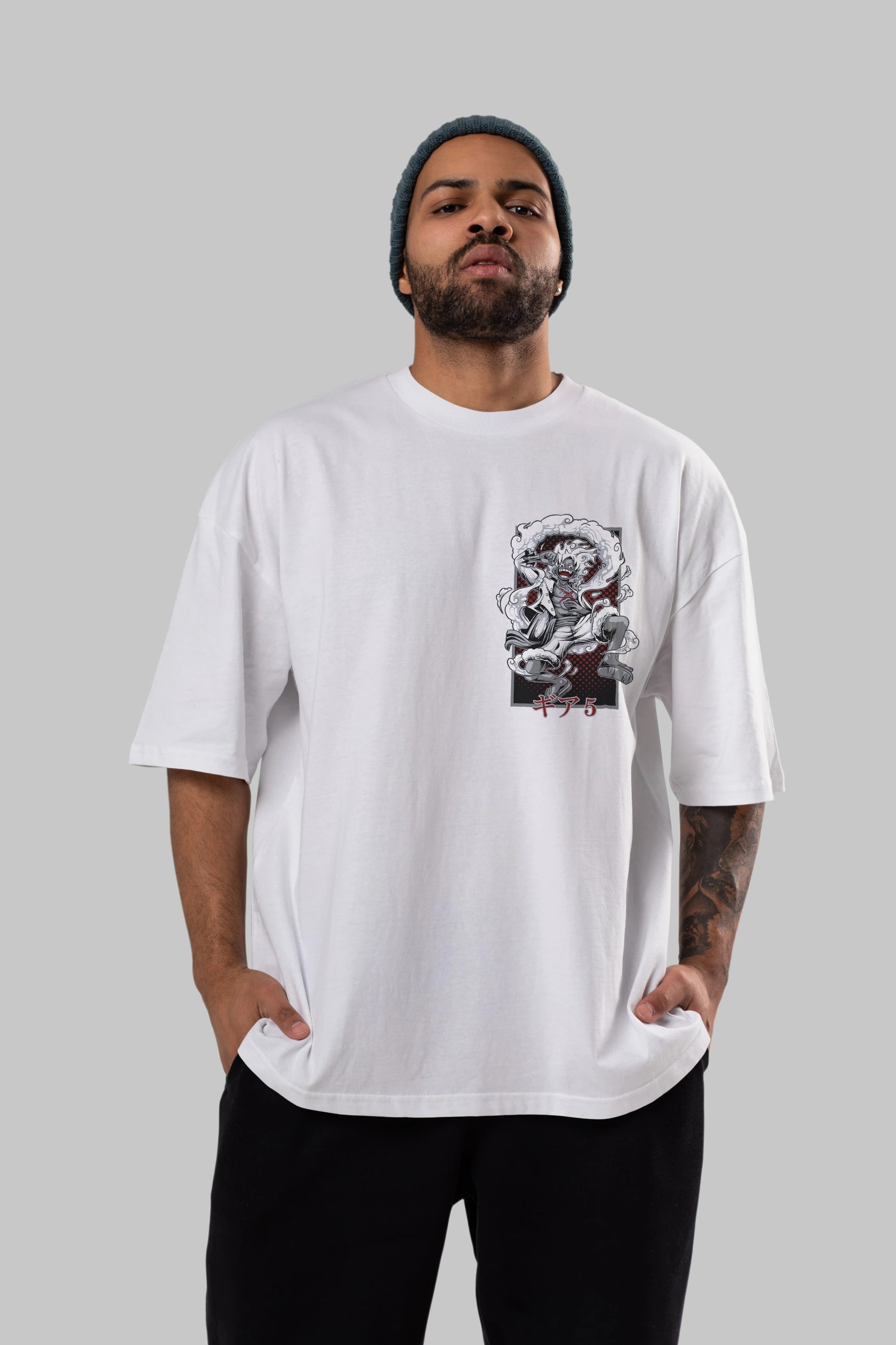 LUFFY GEAR 5 Ön Sol Baskılı Oversize t-shirt Erkek Kadın Unisex %100 Pamuk Bisiklet Yaka tişort