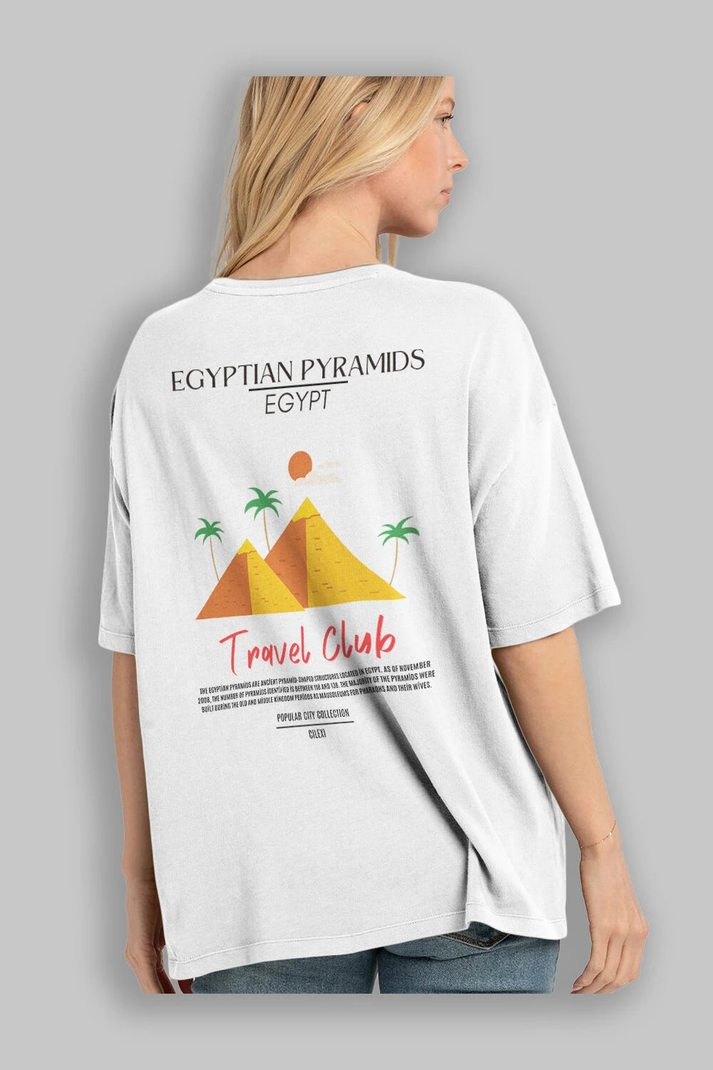 Egyptian Pyramids Egypt Arka Baskılı Oversize t-shirt Erkek Kadın Pamuk Bisiklet Yaka tişort