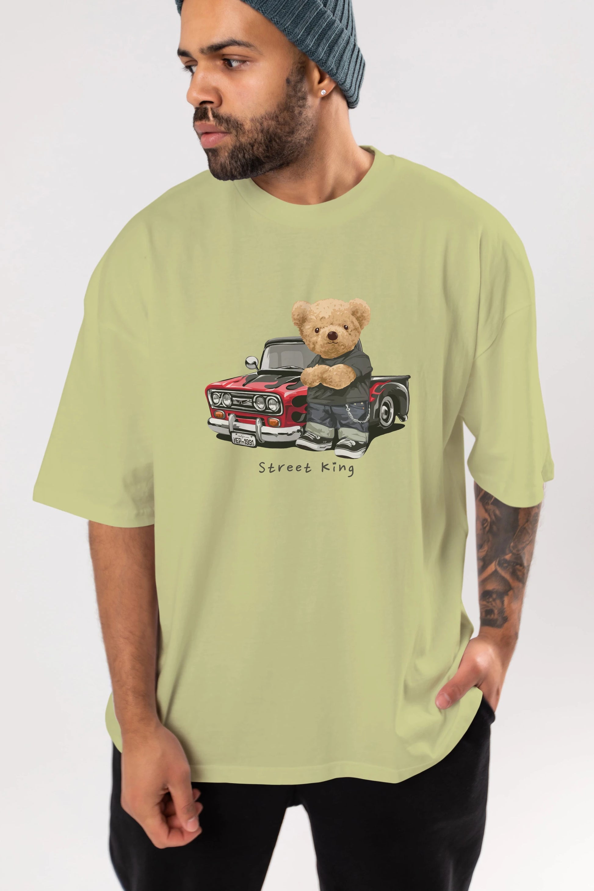 Teddy Bear Street King Ön Baskılı Oversize t-shirt Erkek Kadın Unisex %100 Pamuk
