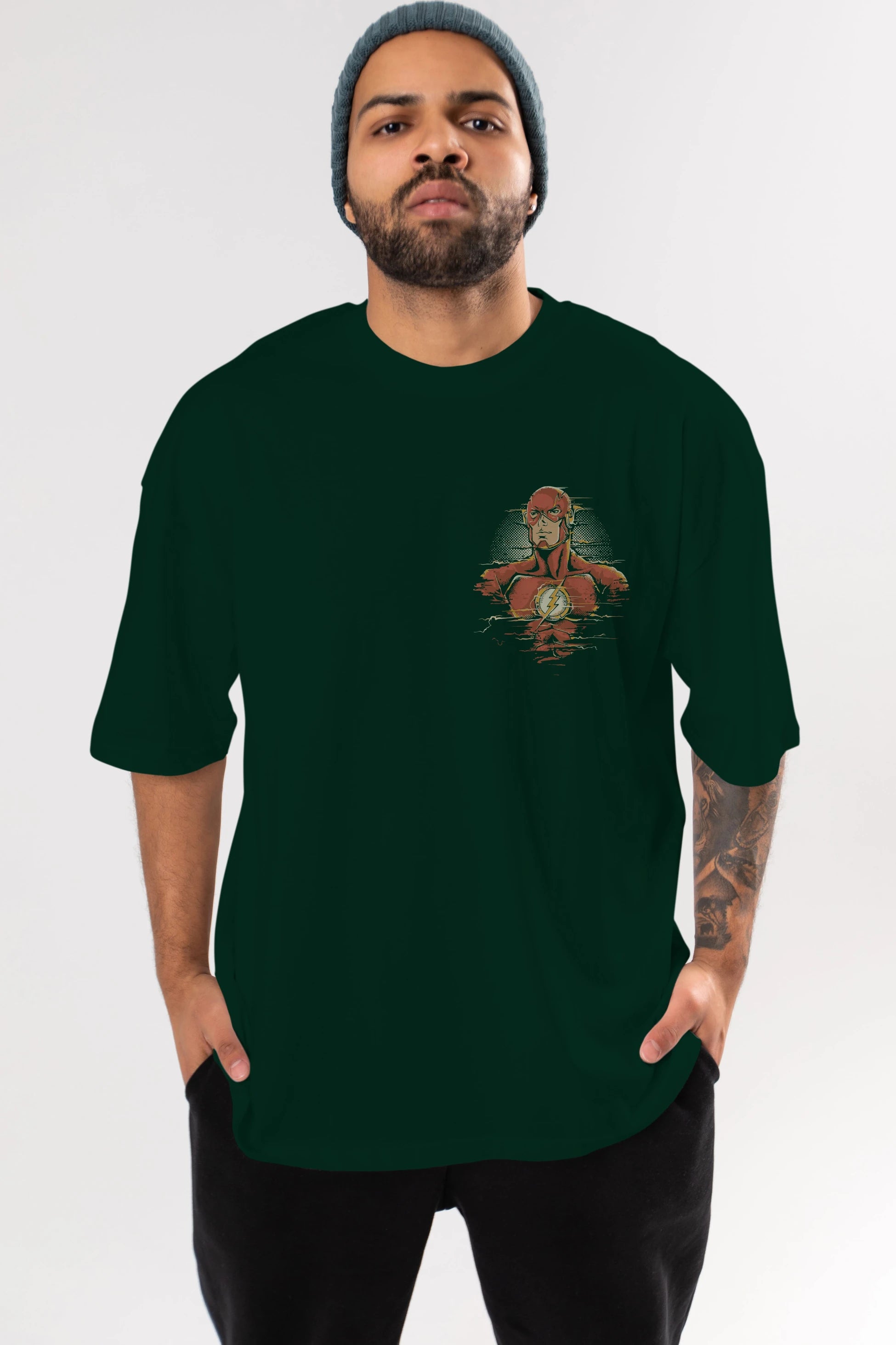 Flash Avengers Ön Sol Baskılı Oversize t-shirt Erkek Kadın Unisex %100 Pamuk Bisiklet Yaka tişort