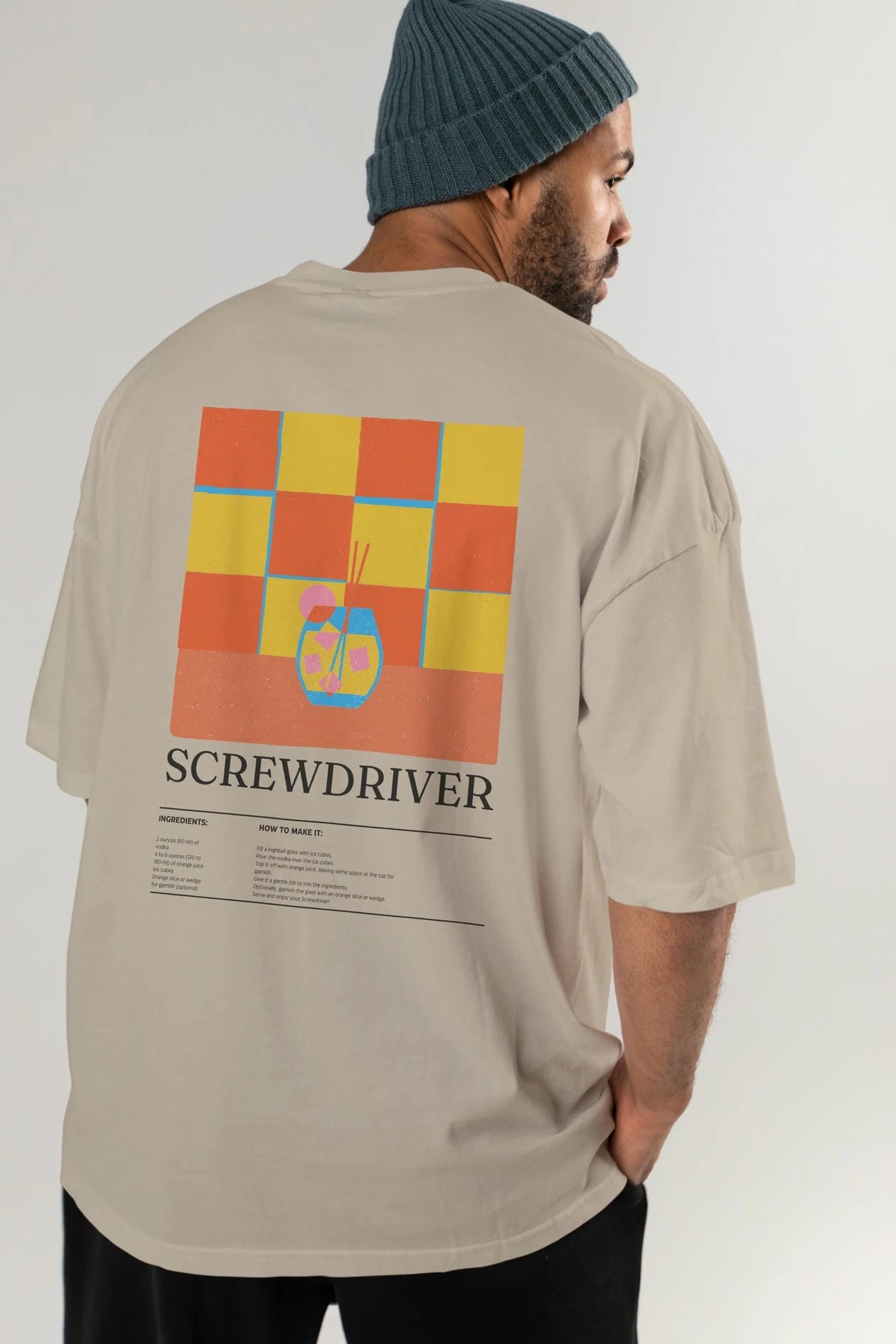 Screwdriver Kokteyl Serisi Arka Baskılı Oversize t-shirt Erkek Kadın %100 Pamuk Bisiklet Yaka tişort