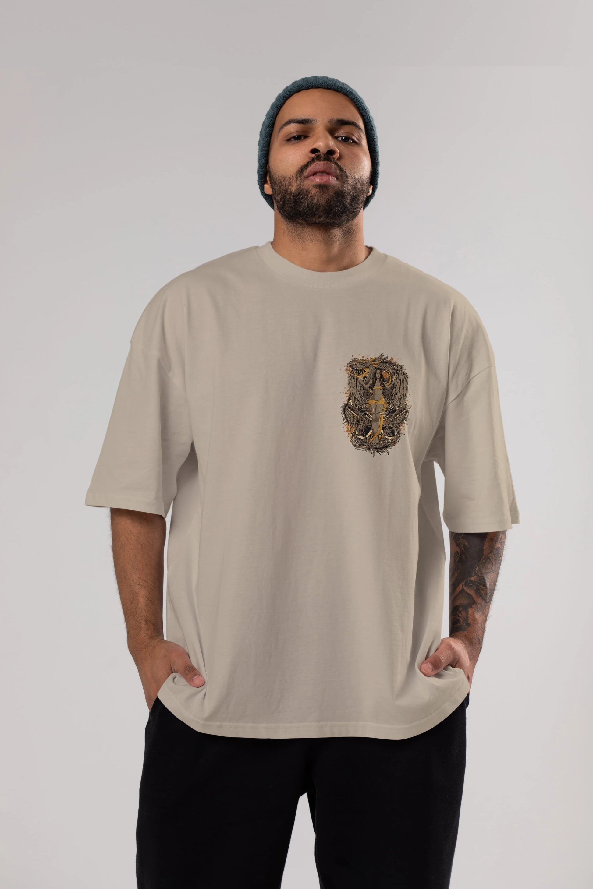 TRIBAL (3) Ön Sol Baskılı Oversize t-shirt Erkek Kadın Unisex %100 Pamuk Bisiklet Yaka tişort